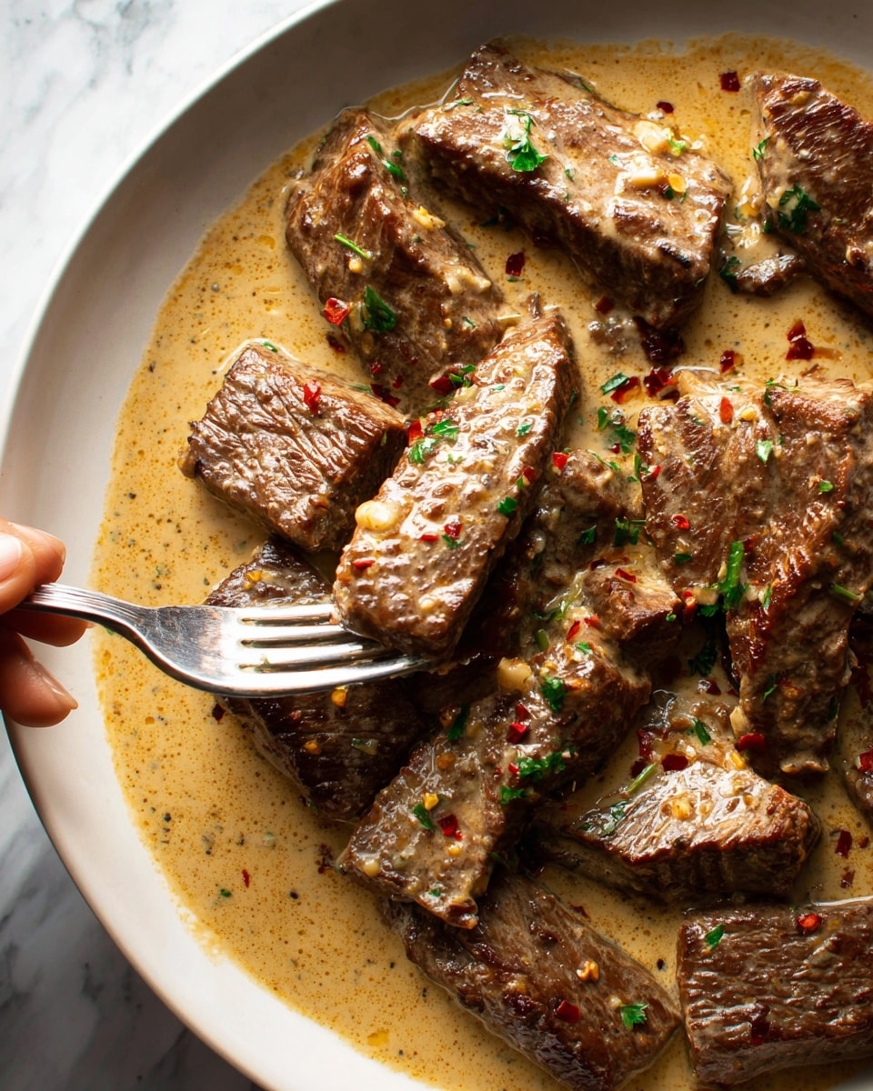 A white plate sits on a white marbled surface holding a dish with three main layers. On the bottom right is a pile of cooked, dark green leafy spinach with a shiny, soft texture. Above and slightly covering the spinach are many slices of brown strips of meat soaked in a light brown sauce with bits of herbs and spices visible, giving a glossy look. A small wedge of lemon with a pale yellow inside and white rind rests at the top edge of the plate. A silver fork with a simple design lies on the left side of the plate. The overall look is fresh and rich without being crowded. Photo taken with an iphone --ar 4:5 --v 7
