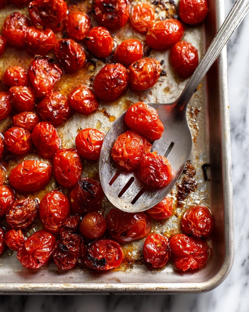 The image shows a silver flat baking tray filled with bright red roasted cherry tomatoes, some with charred edges and wrinkled skins, giving a slightly blackened texture. The tomatoes cover most of the tray, with some areas showing oily, browned spots from roasting, adding a shiny, caramelized effect. A large silver slotted spoon is scooping up some tomatoes in the upper left area of the tray, lifting them above the surface. The background has a white marbled texture. photo taken with an iphone --ar 4:5 --v 7