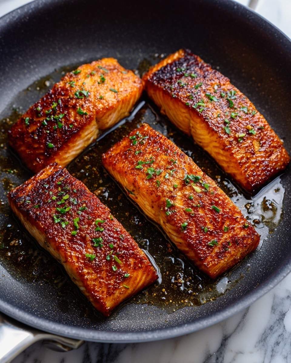 A black frying pan with three pieces of raw salmon inside, each piece showing pink flesh and shiny silver skin laid flat on the pan surface; next to it, the same pan shows the salmon pieces cooked, with a dark golden brown crust on the pink flesh side, sizzling in oil that glistens and bubbles around the fish. The pan sits on a white marbled surface. photo taken with an iphone --ar 4:5 --v 7