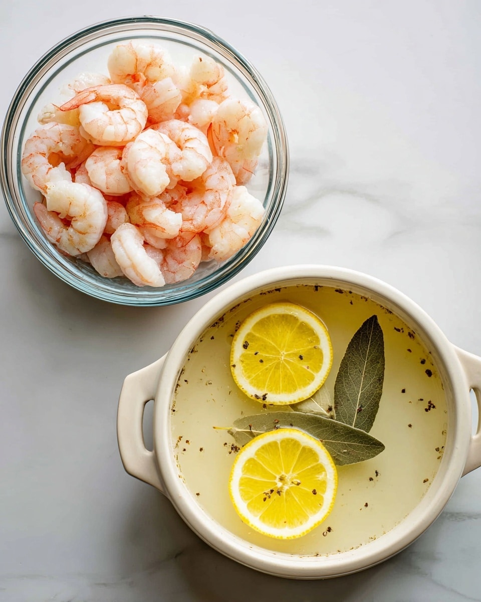 The image shows two main parts placed on a white marbled surface. On the left, there is a clear glass bowl filled with cooked shrimp that are pink and white in color, piled loosely inside. On the right, there is a white pot filled with clear liquid broth that has three lemon slices floating on top, bright yellow in color, along with a few green bay leaves resting on the surface. The broth has some small dark spices scattered inside, giving it texture. photo taken with an iphone --ar 4:5 --v 7