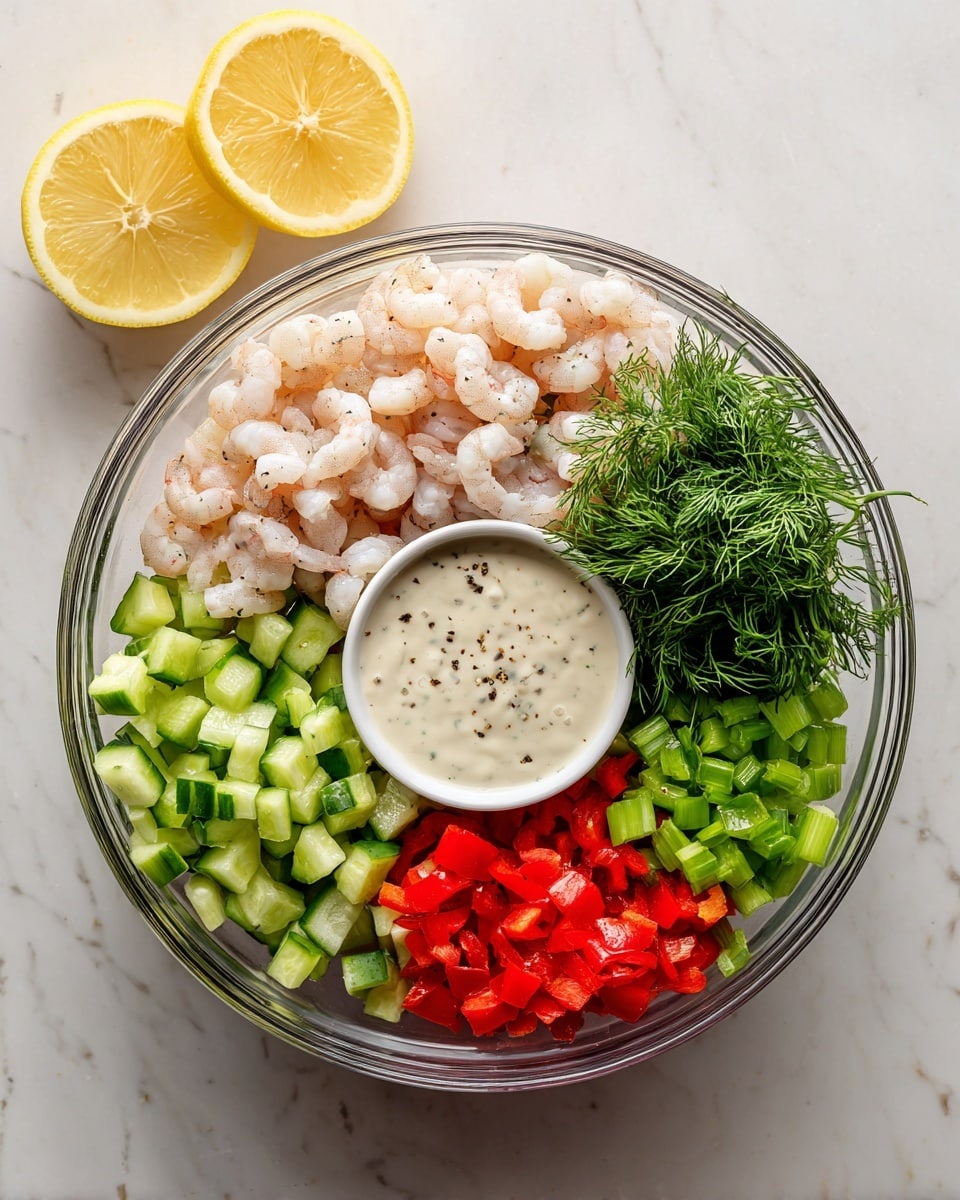A white bowl on the left side holds many small, pink and white shrimp pieces. To the right, a clear glass bowl shows four groups of ingredients placed separately: bright green chopped celery on the top left, pale green diced cucumber below it, red finely chopped bell pepper on the bottom right, and fresh green dill on the top right. Some creamy white dressing with specks of black pepper is in the center of the glass bowl under the dill. Above the bowls, there are two lemon halves with a bright yellow color sitting on a white marbled surface. photo taken with an iphone --ar 4:5 --v 7