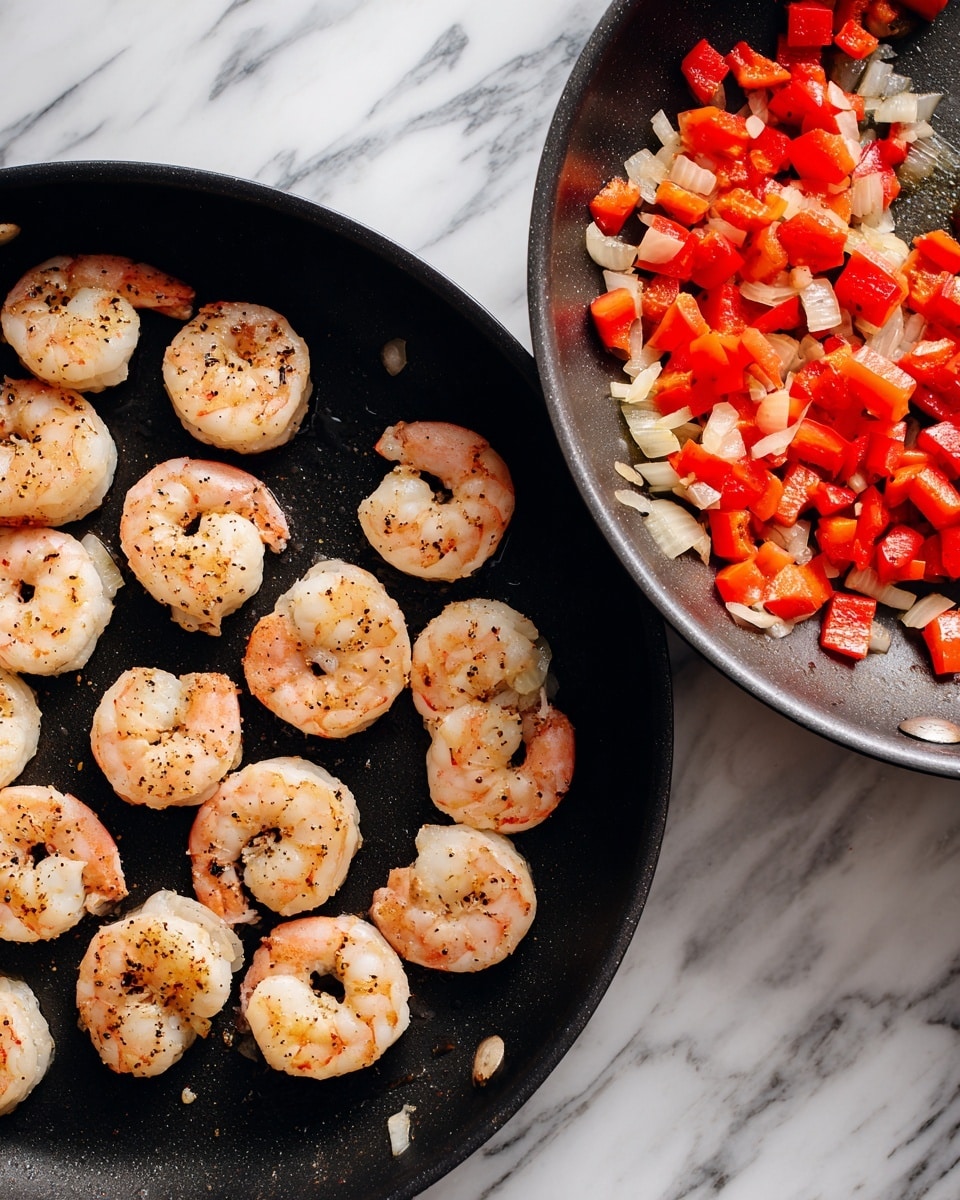 The image shows two black cooking pans on a white marbled surface. The pan on the left has 13 cooked shrimp spread out, each shrimp is pink with some black seasoning and the tails are still attached, showing a slightly shiny texture. The pan on the right contains small diced red bell peppers and onions being cooked, with the pieces evenly scattered covering the bottom of the pan; the peppers are bright red and the onions are soft with a light brown color. Both pans have a clean look with a bit of oil shine on the food. Photo taken with an iphone --ar 4:5 --v 7