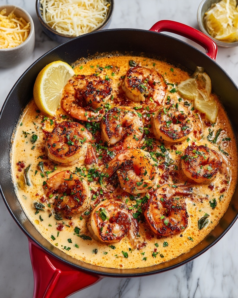 A black pan with a red handle holds a creamy orange sauce mixed with small green leafy pieces and red bits. On top, seven grilled shrimp with a light char and sprinkled green herbs are spread out evenly. Two lemon wedges sit on the side of the pan. The background is a white marbled texture with small bowls containing shredded cheese and lemon halves visible near the edges. photo taken with an iphone --ar 4:5 --v 7