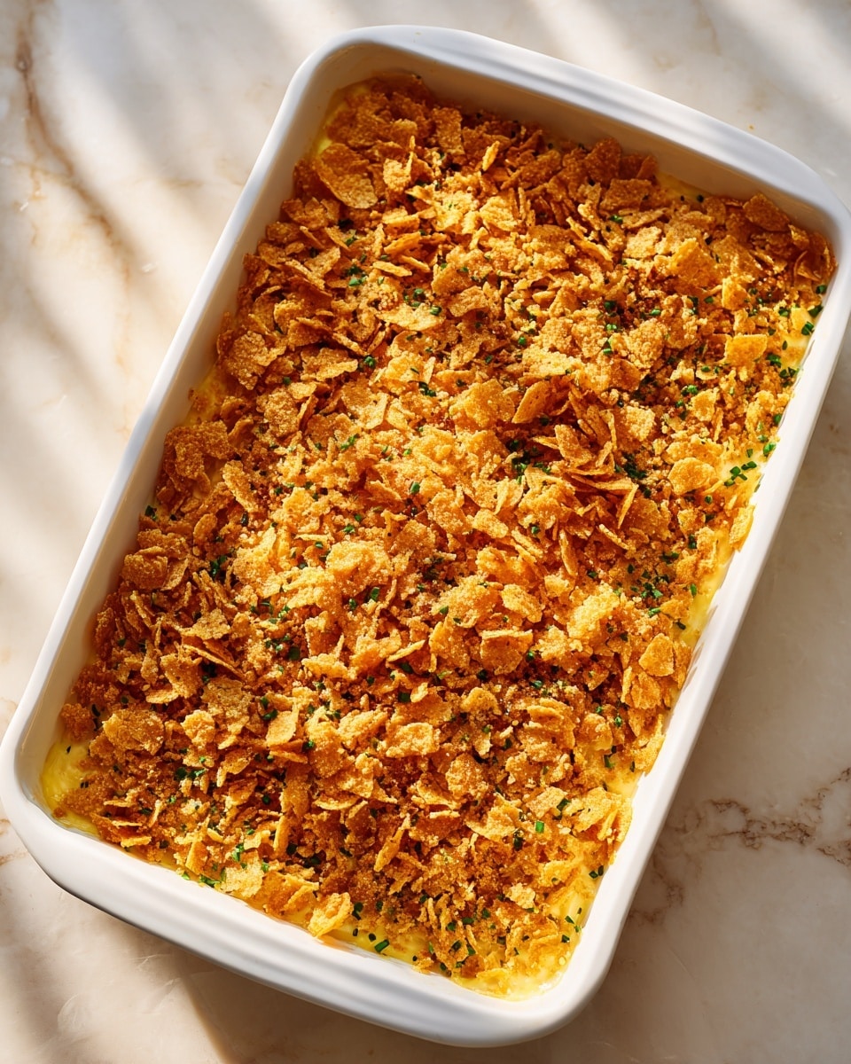 A white rectangular baking dish filled with a baked casserole topped with a thick layer of crushed golden crackers mixed with herbs, creating a crunchy, textured surface. Underneath the cracker topping, a creamy, slightly yellow mixture peeks out around the edges. The dish is placed on a white marbled textured surface with warm natural light creating soft shadows. The surface under the dish adds a clean, elegant background. Photo taken with an iphone --ar 4:5 --v 7