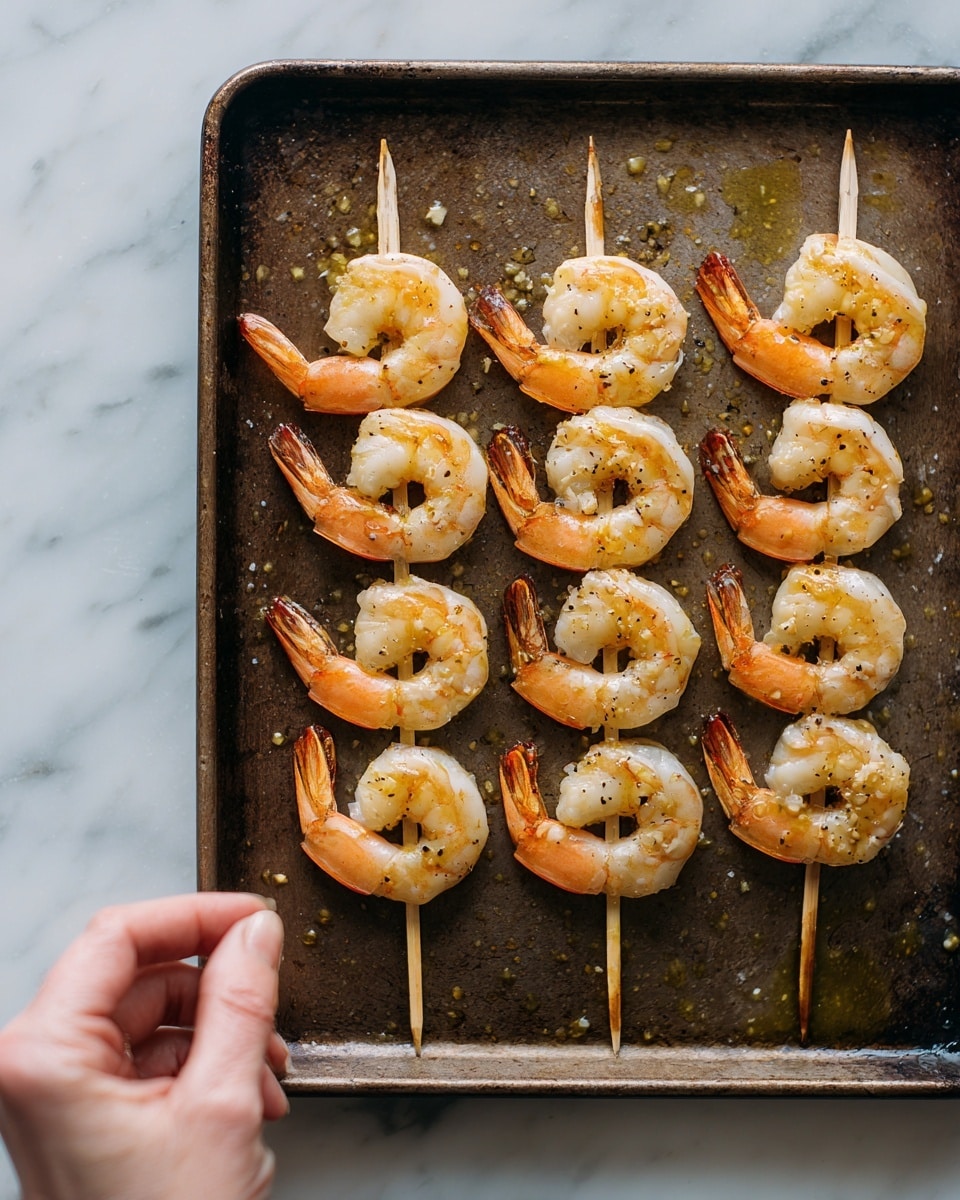 There are six wooden skewers lying on a dark baking tray that is placed on a white marbled surface. Each skewer has five large shrimp, all in a light orange and pale gray color with a slight shine, showing they are marinated or cooked lightly. The shrimp are aligned neatly in rows, with tails curved inward. A woman's hand is holding one skewer on the left side, ready to pick it up. The baking tray has some oil or sauce spots giving a shiny texture. Photo taken with an iphone --ar 4:5 --v 7