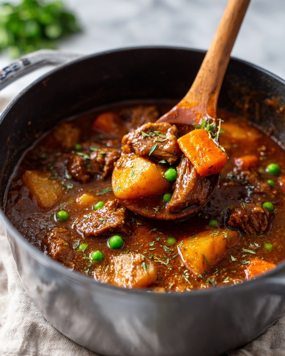 A square pie with a golden brown, flaky crust on top showing some small green herb sprigs scattered on its surface. A section is missing from the corner, revealing the inside with chunks of dark brown meat, bright orange carrot pieces, green peas, and celery in a thick, rich brown sauce. A silver spoon is scooping the filling from the white baking dish underneath, all placed on a soft beige cloth with a faint green pattern on a white marbled surface. photo taken with an iphone --ar 4:5 --v 7