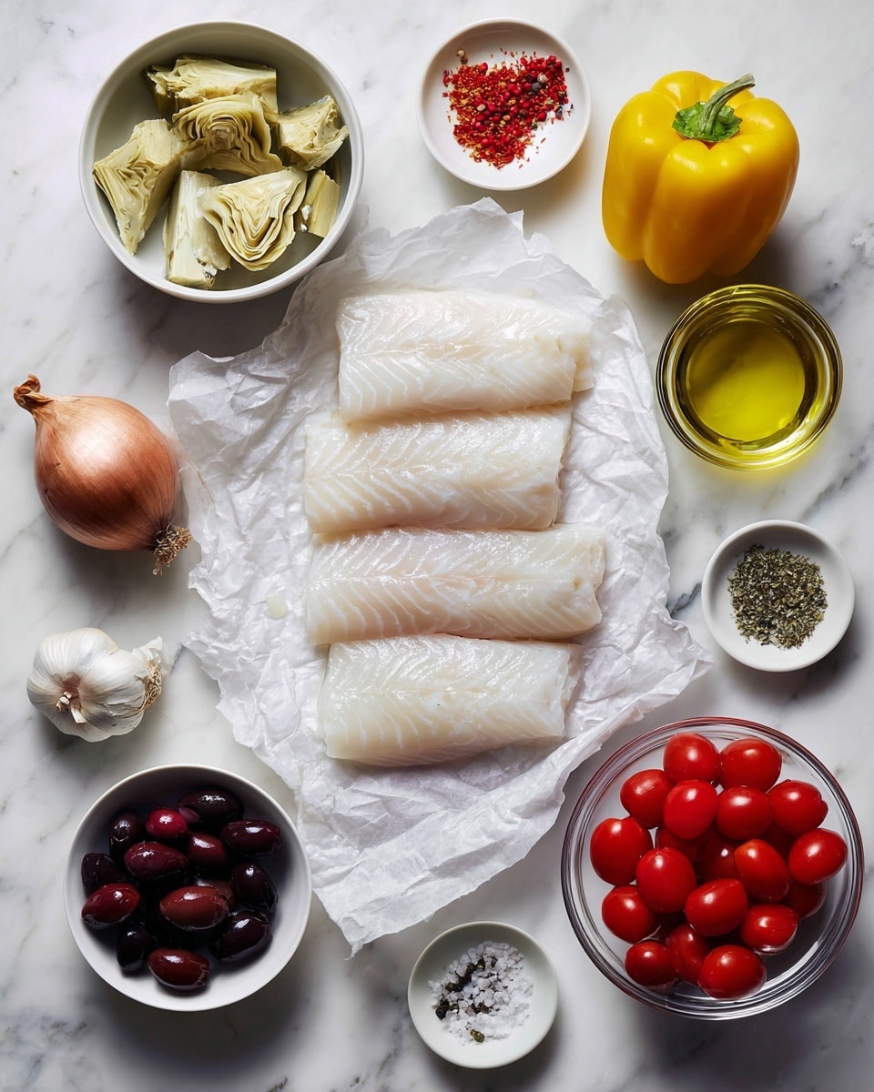 The image shows four white fish fillets placed on crumpled white parchment paper at the center on a white marbled surface. Around the fish, there is a white bowl with chopped artichoke hearts on the left, a whole shallot and a clove of garlic above the fish, two small white dishes with dried herbs and red chili flakes above the fish, and a yellow bell pepper on the upper right. To the right of the fish, a white bowl holds golden olive oil, and below it, a white bowl contains black olives. At the bottom right, a clear glass bowl is filled with halved cherry tomatoes, and at the bottom left, small dishes contain capers and salt with pepper. The whole setup is styled on a white marbled background, photo taken with an iphone --ar 4:5 --v 7