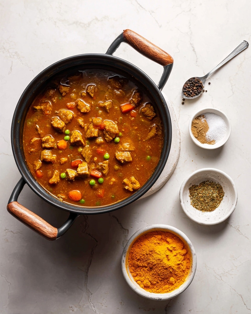 The image shows a black cooking pot with wooden handles placed on a white marbled surface. Inside the pot, there is a thick orange-brown stew with chunks of meat and small pieces of vegetables like peas and carrots spread evenly throughout. On the right side of the image, the same pot contains the stew base with added bright orange and yellow powders of spices on the surface, slightly mixed in but still mostly distinct. Above the pot on the right side, there are two small white bowls with different spices, one of which has a spoon. The whole scene is lit softly with no harsh shadows, creating a clean and warm cooking setting. Photo taken with an iphone --ar 4:5 --v 7