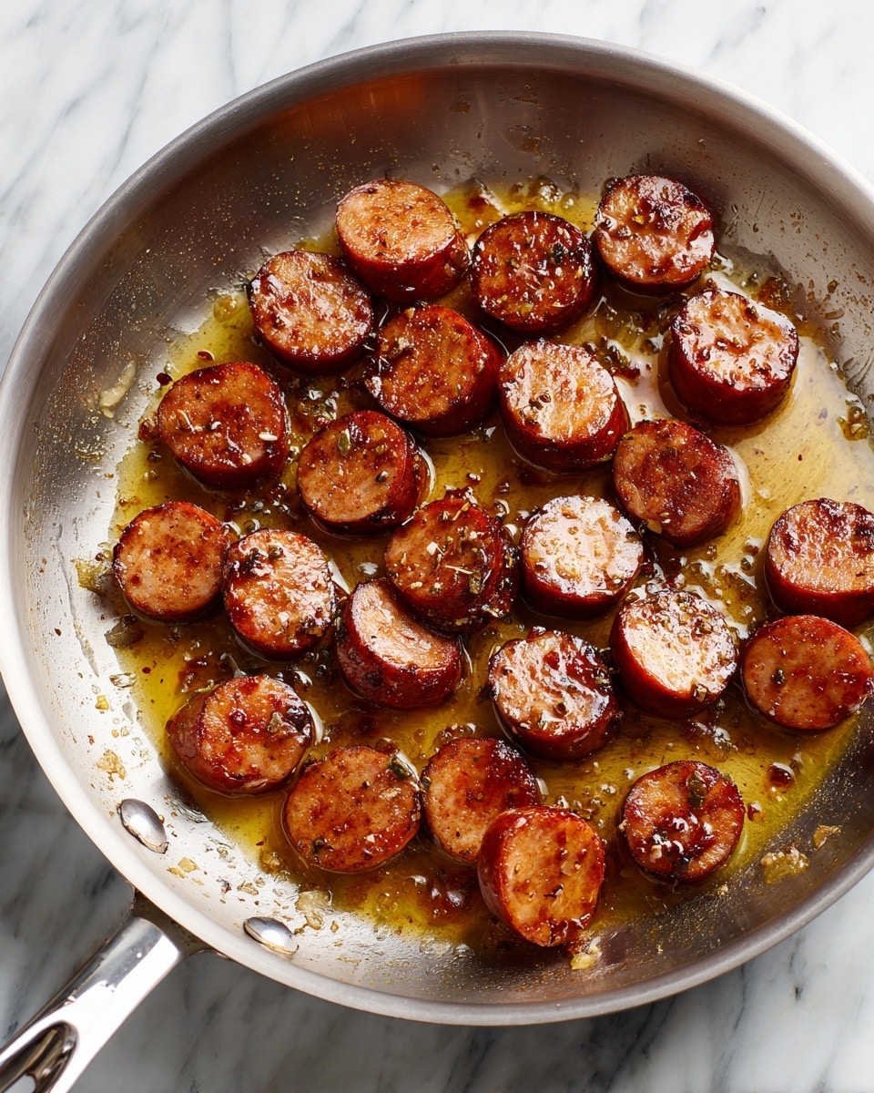 A silver frying pan filled with sliced brown sausages, each piece with a shiny, cooked texture and some showing darker grilled spots. The sausages are spread out across the pan with a small pool of golden brown oil and cooking juices glistening around and under them. The pan sits on a white marbled surface, with the shiny metal handle extending to the left side. The sausages look hot and fresh, showing a smooth, slightly crispy outer layer. photo taken with an iphone --ar 4:5 --v 7