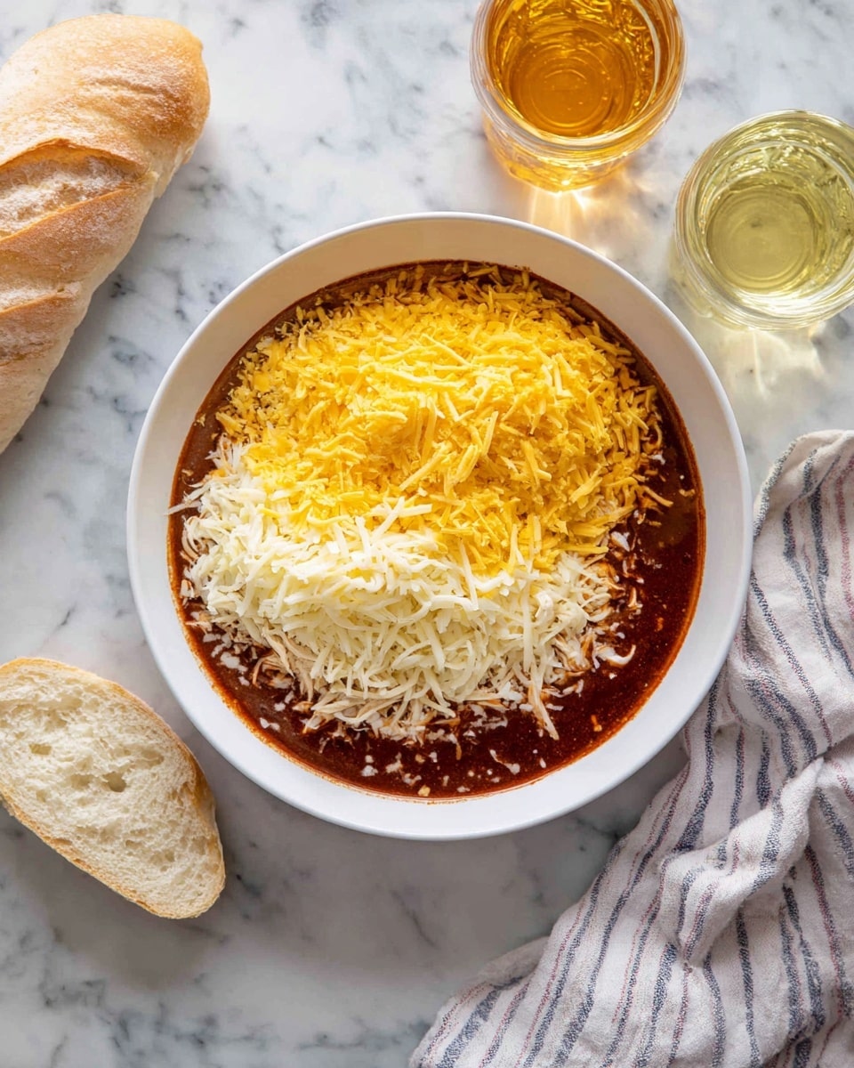 The image shows a white bowl with three clear layers inside. The bottom layer is a thick, dark reddish-brown sauce covering the entire base of the bowl. On top of this sauce, there are two side-by-side layers: bright yellow shredded cheddar cheese on the left side and white shredded cooked chicken on the right side, both spread evenly and filling the bowl halfway. The bowl is placed on a white marbled surface with a small piece of bread to the left and two glass bottles filled with clear and golden liquid at the top right, along with a striped cloth napkin nearby. The lighting is bright and natural, highlighting the colors and textures clearly. photo taken with an iphone --ar 4:5 --v 7
