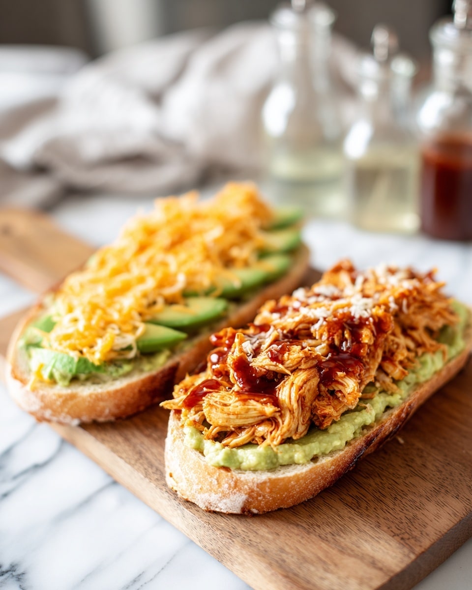 Two open slices of bread on a white marbled surface, each with multiple layers. One slice has a smooth, light green avocado spread topped with a layer of bright orange shredded cheese. The other slice has the same avocado base, covered with shredded chicken mixed in a shiny, reddish-brown barbecue sauce, sprinkled with more shredded cheese. Both slices rest on a wooden board, with a blurred background showing small clear bottles and a light gray cloth. Photo taken with an iphone --ar 4:5 --v 7