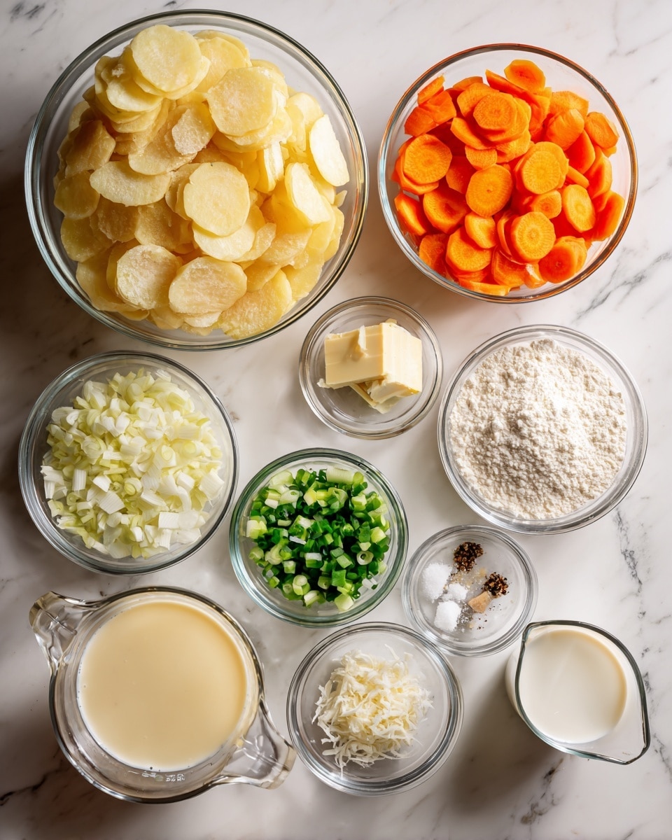 The image shows several clear glass bowls and measuring cups arranged on a white marbled surface. There is a large bowl of thin, round, pale yellow potato slices in the top left center and a large bowl filled with bright orange carrot slices on the right side. Smaller bowls contain finely chopped green onions, white rice grains, chopped white onions, a small stick of butter, white flour, minced garlic, and a mix of salt and black pepper. Three glass measuring cups hold different liquids: one with a pale yellow liquid, one with milk, and one with a thicker white cream. All the ingredients are neatly placed and visible from above, showing their colors and textures clearly. Photo taken with an iphone --ar 4:5 --v 7