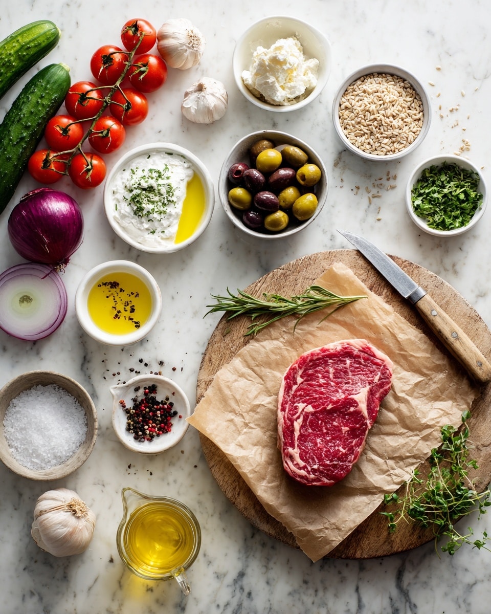 A collection of cooking ingredients is arranged on a white marbled surface. On the right, a single raw red steak with white marbling sits on brown parchment paper on a round wooden board, next to fresh green herbs. Above the steak, a knife with a wooden handle rests partly on the board. Surrounding the steak are small white bowls: one with mixed olives, another with green fresh herbs, one with white creamy sauce topped with a small pool of oil, another with golden olive oil, a bowl filled with mixed grains, and small bowls holding salt, black and red peppercorns, and a powdered spice. To the left are fresh vegetables including two cucumbers, a bunch of red cherry tomatoes, a whole red onion with one half sliced open, and some crumbled white cheese in a bowl. A bright yellow lemon and two garlic cloves also lie near a glass cup of olive oil. photo taken with an iphone --ar 4:5 --v 7