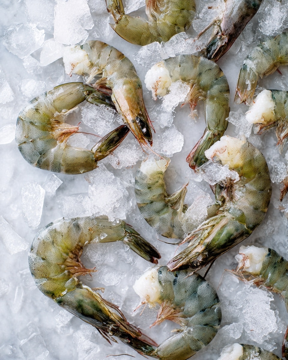 A top view of many raw shrimp with their shells partially removed, arranged on a bed of crushed ice. The shrimp have a greyish-green color with some white and pale pink patches where the shells are gone, showing the flesh underneath. The ice is clear and fragmented, creating a cold and fresh look. The background is a white marbled texture visible under the ice. The shrimp are scattered randomly, some curved and some straight, with tails and legs still attached. photo taken with an iphone --ar 4:5 --v 7