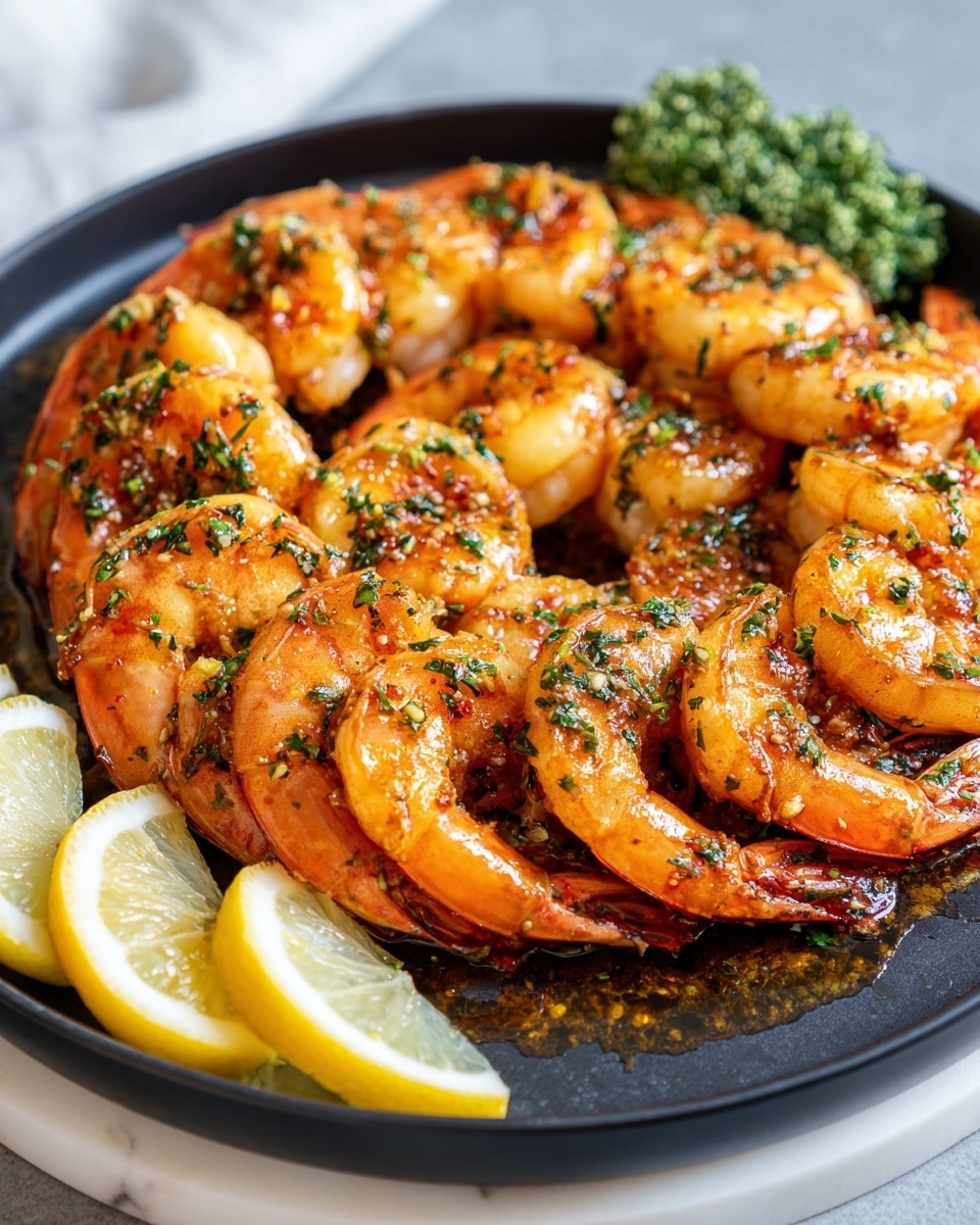 A black round plate filled with cooked shrimp arranged in a layered circle, each shrimp showing a pinkish-orange color with dark green herb bits sprinkled on top. The shrimp have their tails on and are slightly curled, showing a shiny texture from the cooking juices. There are three lemon wedges placed on a white marbled surface near the plate, along with a green bunch of fresh herbs at the top edge of the frame. The focus is bright and clear, showing the detailed texture of the shrimp and herbs, photo taken with an iphone --ar 4:5 --v 7