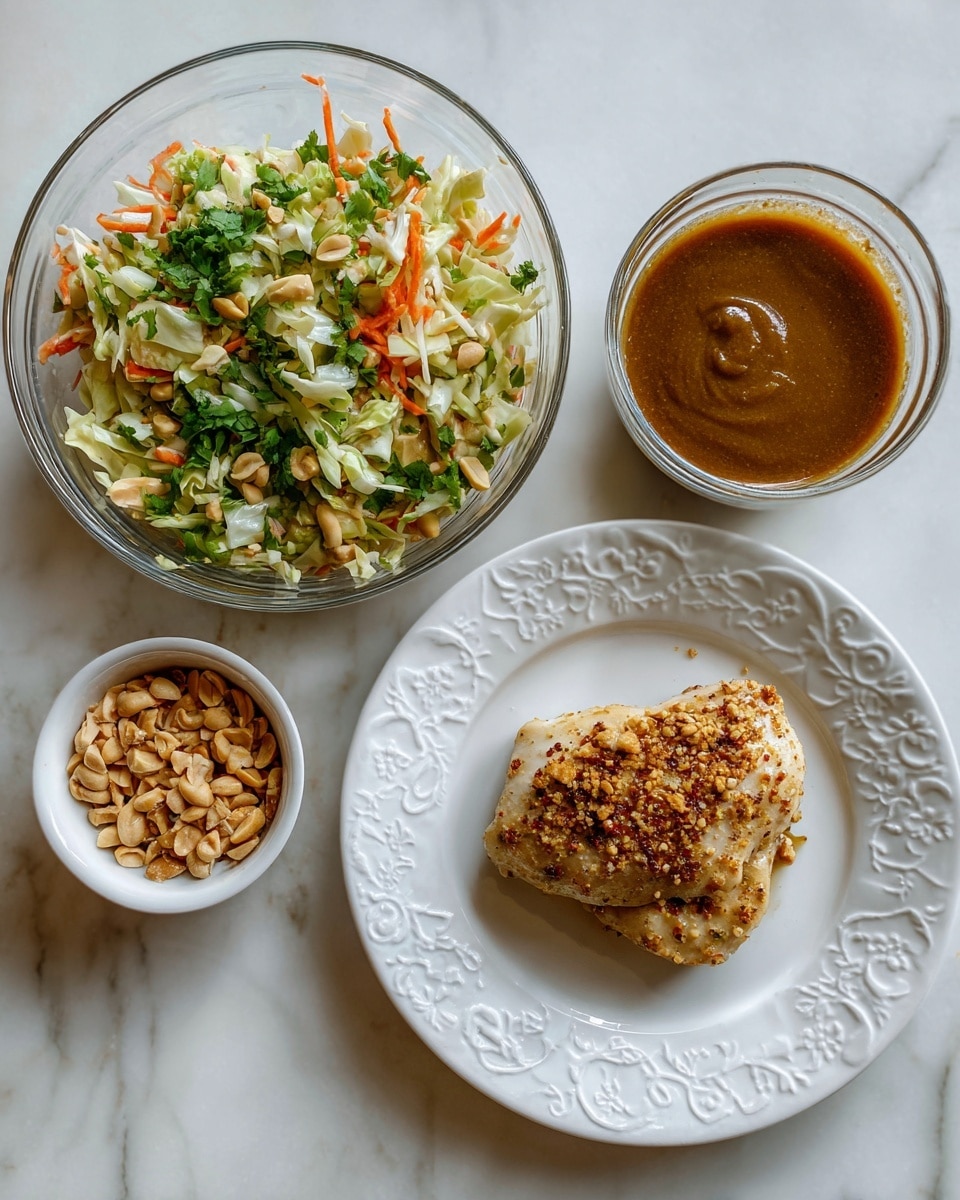 A white decorative plate on the right holds a single cooked chicken piece with a light brown crust and seasoning on top. To the left of the plate, a large clear glass bowl filled with mixed chopped vegetables including green cilantro, shredded pale green cabbage, chopped orange carrots, and some faintly visible onion pieces. Below this bowl is a small white bowl filled with crushed peanuts. Near the bottom center, there is a medium clear glass bowl containing thick, smooth brown sauce. All items are placed on a white marbled surface. Photo taken with an iphone --ar 4:5 --v 7