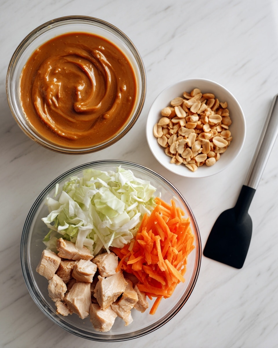 The image shows three clear glass bowls placed on a white marbled surface. The largest bowl contains pieces of cooked light brown chicken, thinly sliced orange carrots, and shredded white cabbage arranged in separate sections. Above it, a medium bowl holds a thick, smooth brown sauce with swirled texture on top. To the right, a small white bowl is filled with chopped light brown peanuts. A black spatula lies at the bottom right corner. Photo taken with an iphone --ar 4:5 --v 7