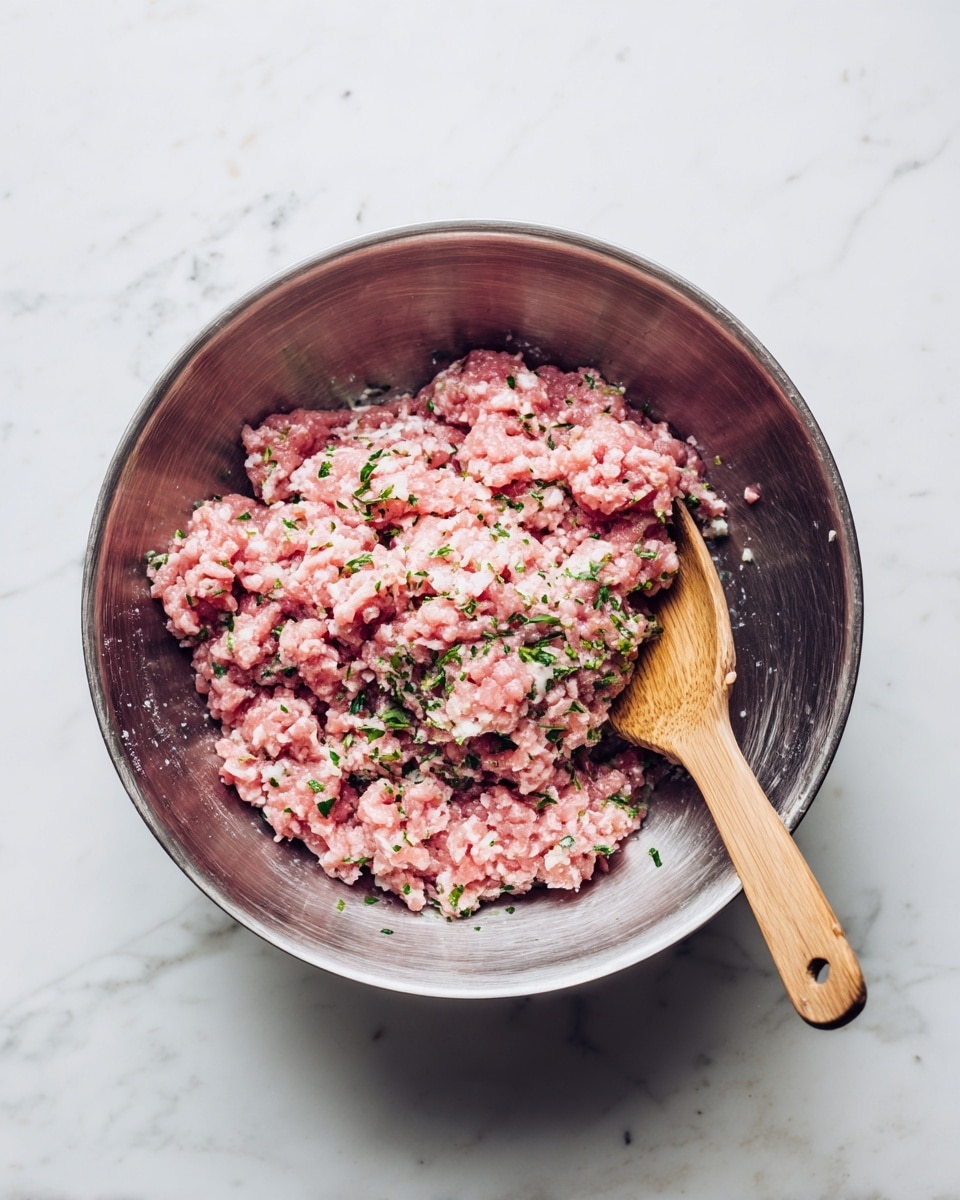 The image shows a close-up view of a slice of meatloaf roll with three main layers. The bottom layer is a thick, rich brown meatloaf with a slightly crispy texture on the outside. Inside the meatloaf, there is a middle layer of thin, curled pink ham, which wraps around the innermost layer of melted, pale white cheese. The top of the meatloaf roll is covered with a smooth, creamy layer of melted white cheese that drapes slightly over the sides. The slice rests on a wooden cutting board, and in the background a red and white checkered cloth is slightly blurred. The photo is taken with an iphone --ar 4:5 --v 7