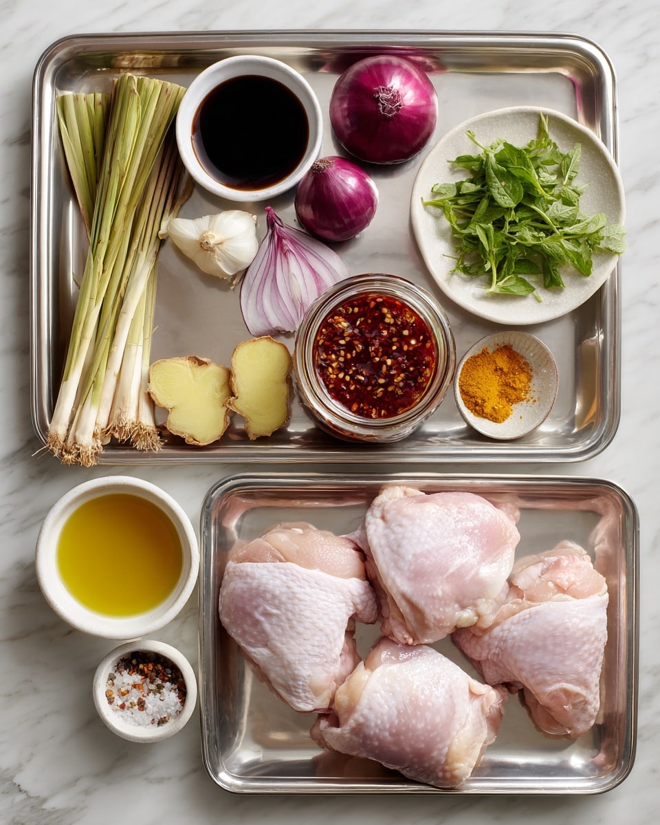 A white bowl contains white rice as the bottom layer, topped with golden-brown cooked chicken pieces with a slightly crispy texture. Around the chicken and rice is a thick, brown sauce with visible small chunks, possibly vegetables or spices. Fresh green herbs, including cilantro and sliced green onions, are scattered on top, adding a bright color contrast. Next to the bowl is a small jar filled with a dark red sauce or chili oil, with a spoon inside. The background is a white marbled texture. photo taken with an iphone --ar 4:5 --v 7