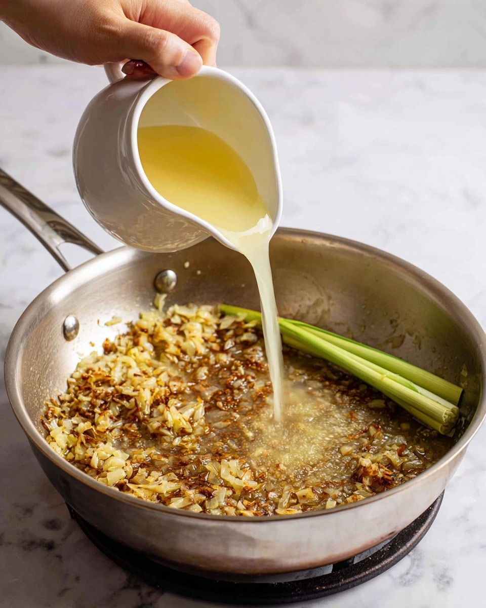 In a large silver pan on a stovetop, there is a mix of golden brown cooked chopped onions and garlic at the bottom, along with a single green lemongrass stalk. A clear light yellow liquid is being poured into the pan from a white pitcher held by a woman's hand, adding a flowing layer over the cooked ingredients. The background and surface around the pan are a white marbled texture. photo taken with an iphone --ar 4:5 --v 7