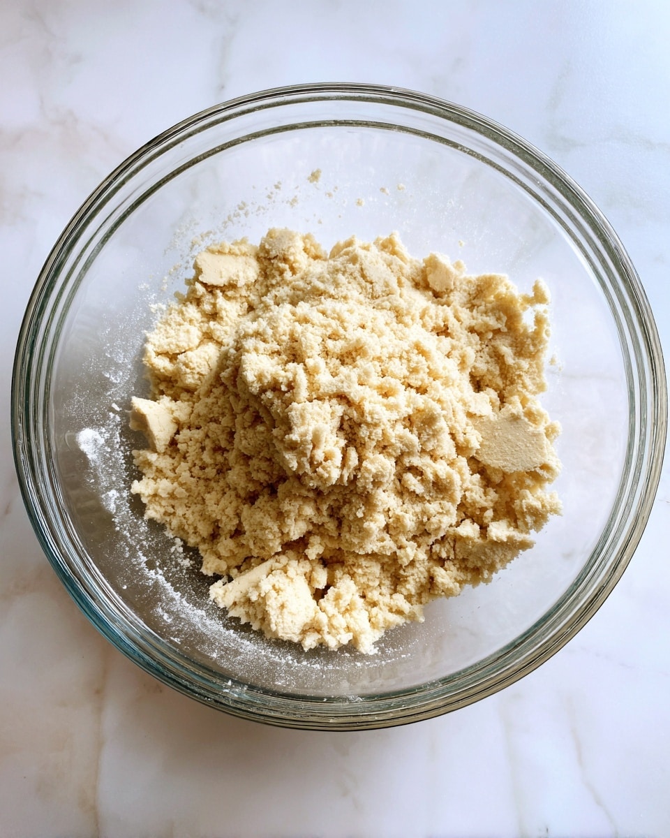 A clear glass bowl holds a single rough mound of light beige dough with a crumbly and slightly sticky texture. The dough is centered in the bowl, with small pieces sticking to the sides, creating uneven, coarse surfaces but no smooth layers. The bowl sits on a white marbled textured surface, adding brightness to the scene. Photo taken with an iphone --ar 4:5 --v 7