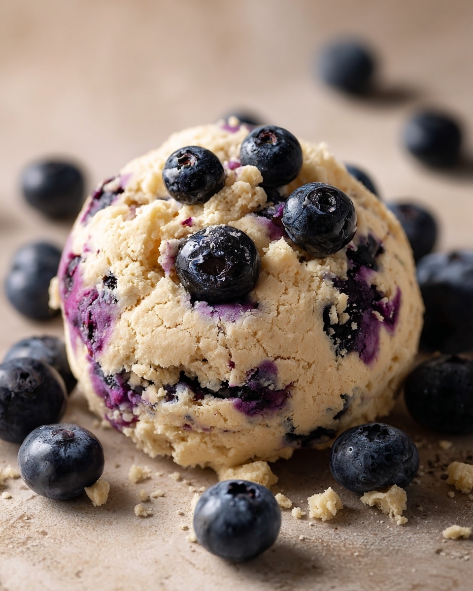 A round biscuit with a rough texture that is mostly light cream color mixed with purple swirls throughout, topped with several whole, shiny dark purple blueberries scattered on the surface. The biscuit sits on a neutral beige surface with a soft focus on the edges. The colors transition smoothly with a crumbly appearance around the blueberries photo taken with an iphone --ar 4:5 --v 7