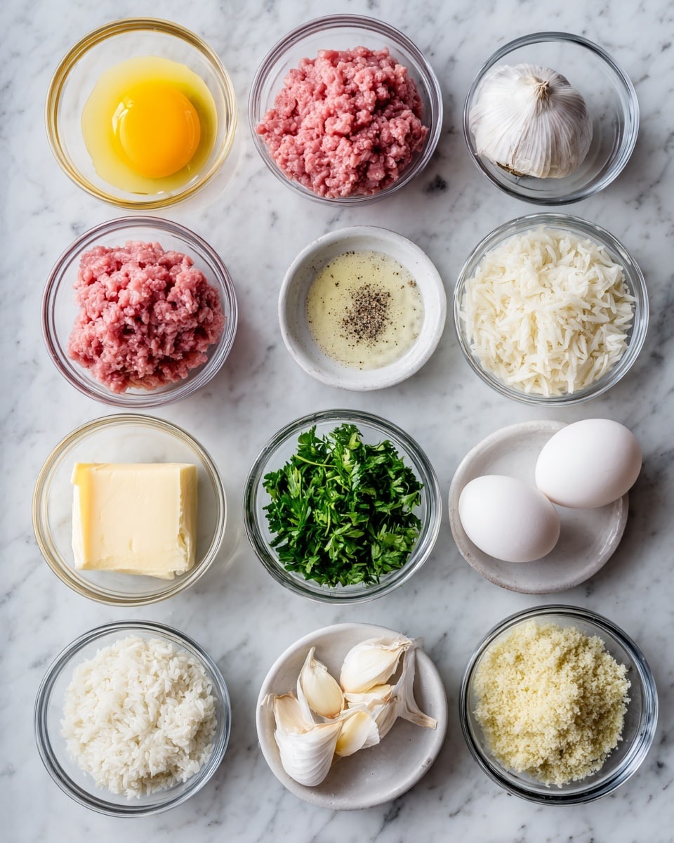 The image shows a white plate with a thick rectangular meatloaf sliced into four pieces on top of a creamy smooth mashed potato base that slightly spreads beneath it. The meatloaf has a golden brown crispy top sprinkled with finely chopped green herbs and a moist, light brown inside dotted with green pieces of herbs. A pool of shiny golden sauce surrounds the meatloaf and spreads onto the white plate, with a few scattered green herbs on the sauce and plate. In the background, there is a small white round bowl of yellow sauce. The scene is set on a white marbled surface. Photo taken with an iphone --ar 4:5 --v 7