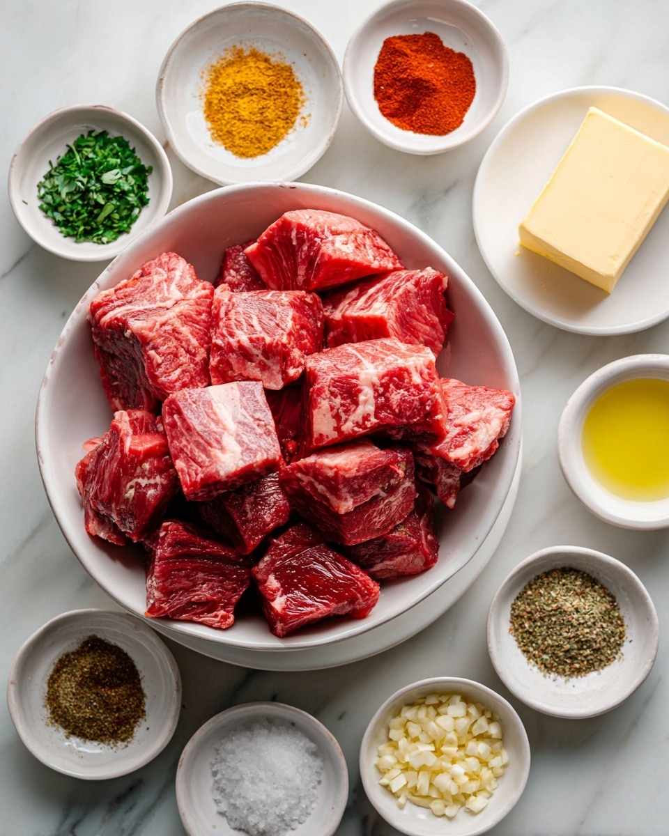 A white bowl filled with many pieces of red raw meat with white marbling sits on a white marbled surface. Around the bowl, there are 14 small white bowls each holding different spices and ingredients: chopped green herbs, yellow powder, dark brown powder, white salt, red powder, light brown powder, light yellow oil, green-brown powder, coarse black pepper, light brown powder, a small pile of minced yellow garlic, small light brown granules, and two bowls of white salt. One white small plate with a rectangular block of pale yellow butter is also placed on the surface nearby. Photo taken with an iphone --ar 4:5 --v 7