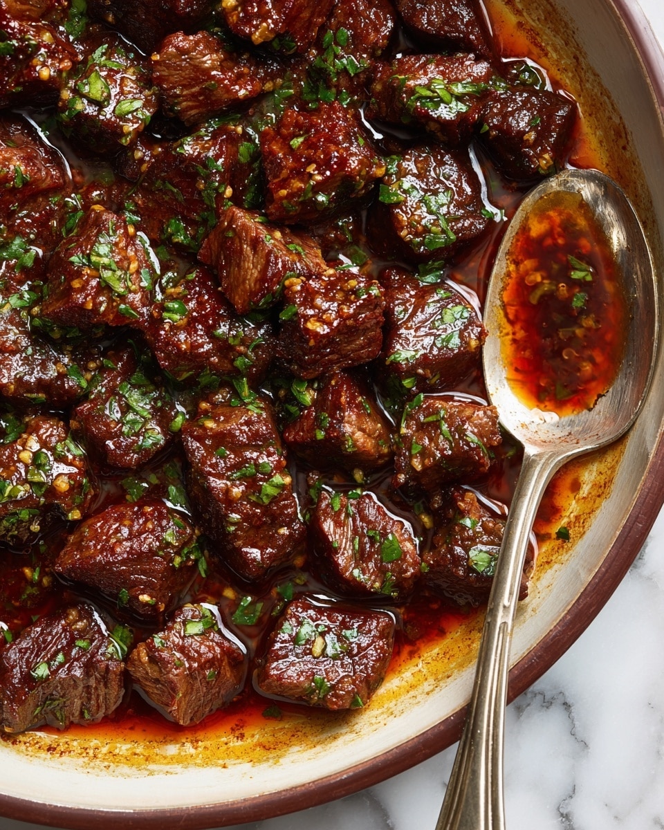 The image shows a white round plate with two main parts: on the left side, there are about nine pieces of grilled meat cubes with a browned outside and sprinkled with green herbs and small bits of garlic, arranged in a rough cluster. On the right side, there is a generous portion of creamy mashed potatoes with three small pools of melted golden butter in the middle, sprinkled lightly with black pepper. A silver fork is placed horizontally on the edge of the plate, resting partly on the mashed potatoes. The white plate is on a soft, light gray cloth over a white marbled surface, with a blue fabric partly visible in the upper left corner. Photo taken with an iphone --ar 4:5 --v 7