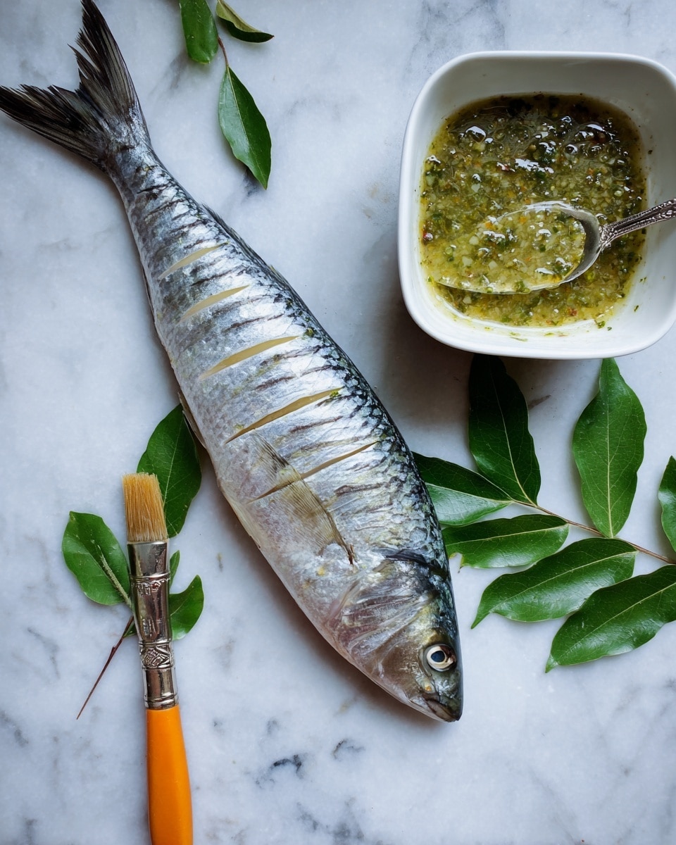 A whole silver fish with dark stripes lies flat on a white marbled surface, scored with three horizontal cuts across its body. Next to the fish is a white square bowl filled with a greenish sauce that has a slightly chunky texture. A silver knife with a bright orange silicone brush rests nearby, and there are green leaves partially visible around the fish. photo taken with an iphone --ar 4:5 --v 7