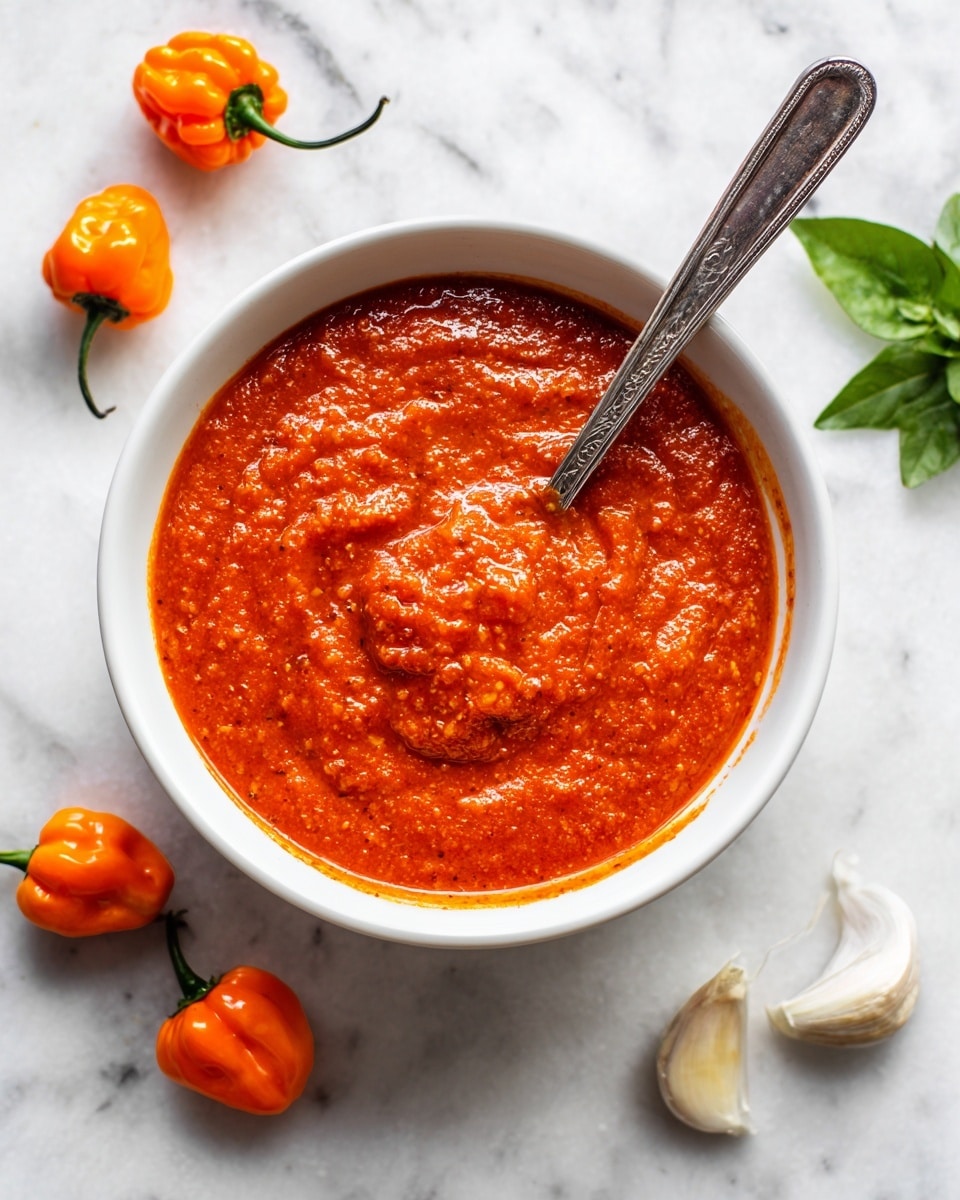 A white bowl filled with thick, bright red-orange sauce that has a slightly chunky texture. A silver spoon is resting inside the bowl, partially submerged in the sauce. Around the bowl on a white marbled surface, there are three small orange habanero peppers with green stems, a couple of garlic cloves, and a few green leaves. The lighting is bright and natural, highlighting the rich color and texture of the sauce. Photo taken with an iphone --ar 4:5 --v 7