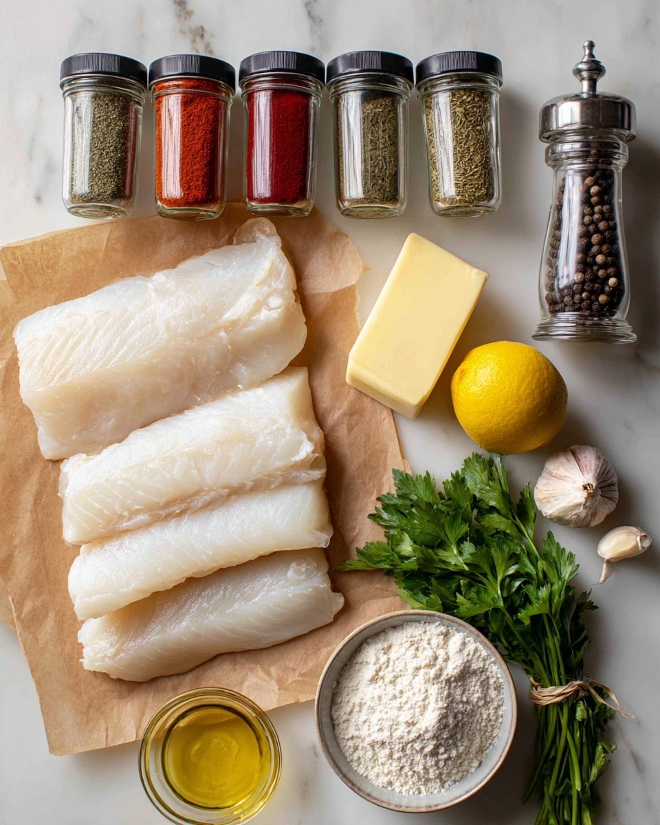A white oval plate holds four pieces of cooked fish with golden-brown, slightly crispy skin on top, each piece garnished with fresh green chopped herbs and small bits of garlic. Yellow lemon slices are arranged under and around the fish, adding a fresh touch. The plate sits on a white marbled surface with a wrapped bundle of green parsley and a whole lemon nearby. A yellow box of European style butter is visible in the upper left corner. Nearby, a white and blue striped cloth lies partially under the plate, and part of a round wooden tray with metal utensils is seen on the right side. Photo taken with an iphone --ar 4:5 --v 7