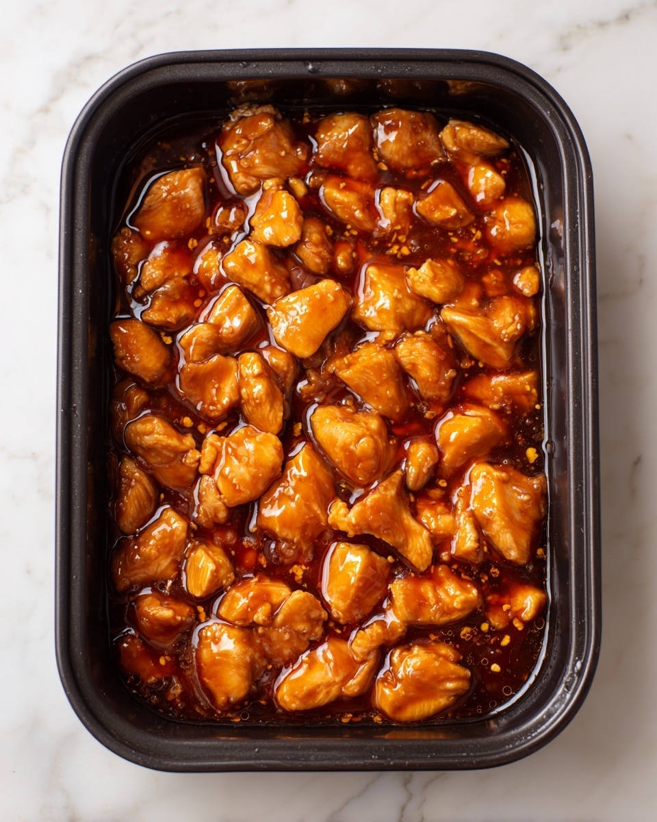 The image shows a single layer of cooked chicken pieces in a shiny brown sauce inside a black rectangular cooking container. The chicken pieces are irregular in shape, with a glossy texture that makes them look moist and tender. The sauce surrounds and coats the chicken, appearing thick and rich with a smooth surface and some small bubbles. The scene is set on a white marbled background. photo taken with an iphone --ar 4:5 --v 7