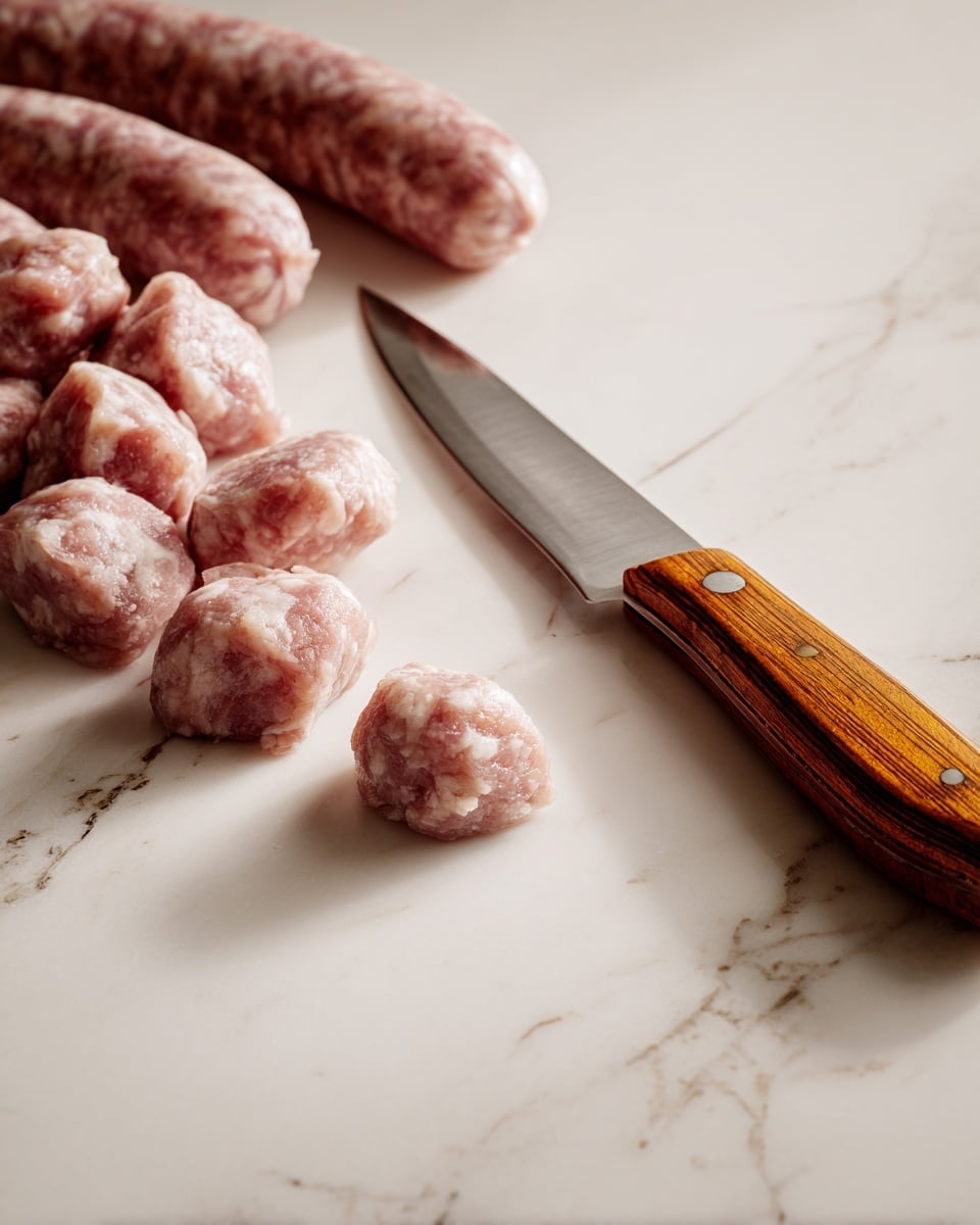 The image shows a white marbled surface with several small, uneven pieces of raw sausage scattered around. At the back, there are a few long raw sausages lying horizontally. In the foreground, a large knife with a wooden handle rests flat on the surface, positioned near the sausage pieces. The sausages are pinkish with some white fat visible, and the texture looks soft and fresh. Photo taken with an iphone --ar 4:5 --v 7