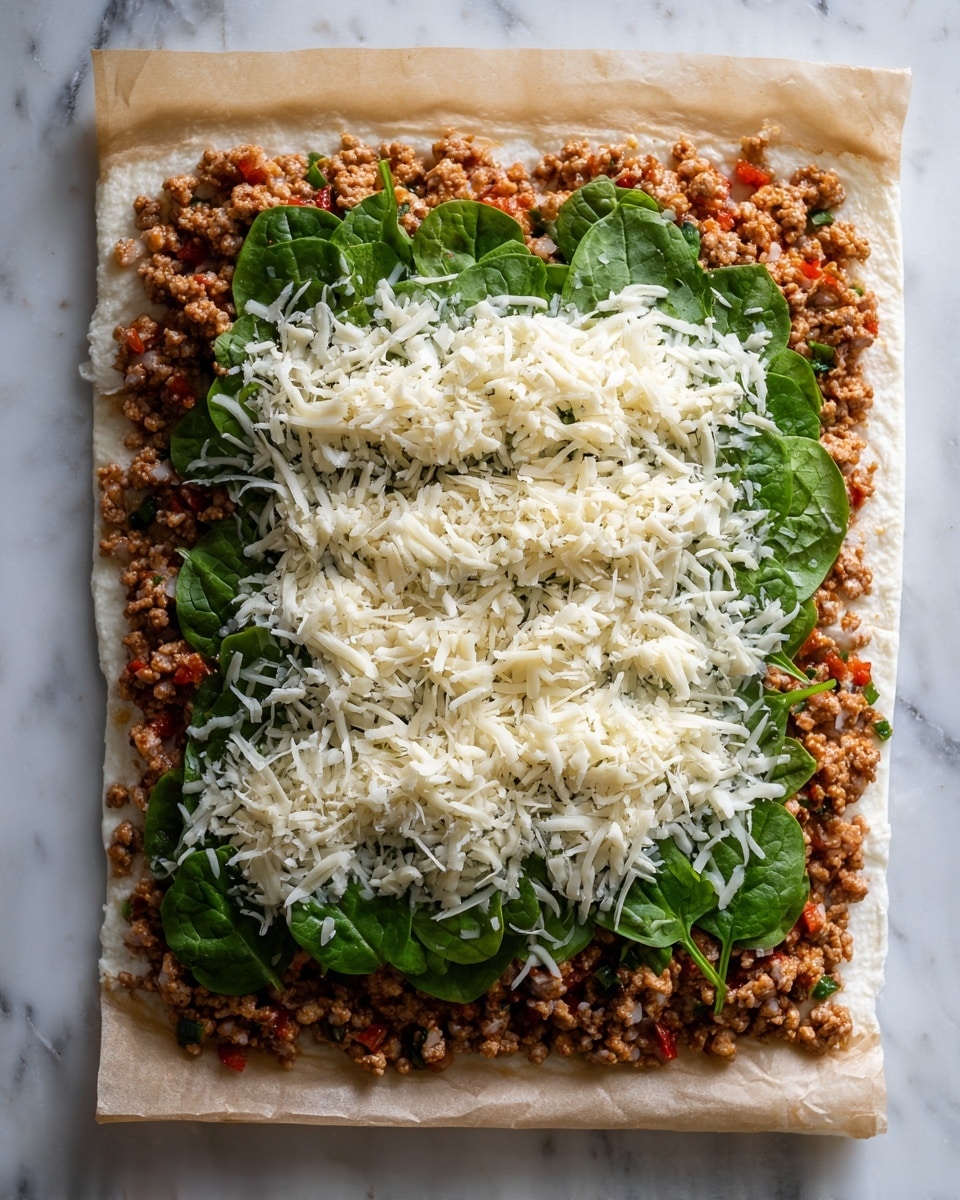 A rectangular layer of raw ground meat mixed with small red and green bits, laid flat on parchment paper over a white marbled surface, serves as the first layer. On top, a layer of fresh green spinach leaves is spread evenly. Over the spinach, there is a generous layer of finely shredded white cheese scattered to cover the leafy layer fully. The top right edge of the meat layer is being rolled inward, forming a tight roll that shows the texture of the ground meat on the outside. The scene is lit softly, showing the textures clearly. Photo taken with an iphone --ar 4:5 --v 7
