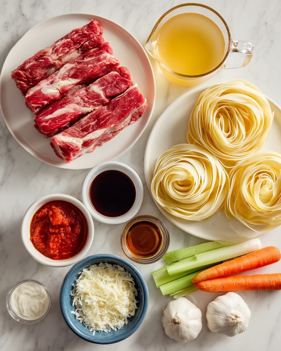 A white bowl filled with thick, wide pasta ribbons coated evenly in a rich, reddish-brown meat sauce. The pasta is layered loosely with chunks of tender meat mixed throughout the sauce. The surface is sprinkled with finely grated white cheese that adds a light, fluffy texture on top. Fresh green herbs are scattered over the dish, adding small touches of color. The bowl sits on a white marbled surface with part of a striped cloth visible at the bottom edge. photo taken with an iphone --ar 4:5 --v 7