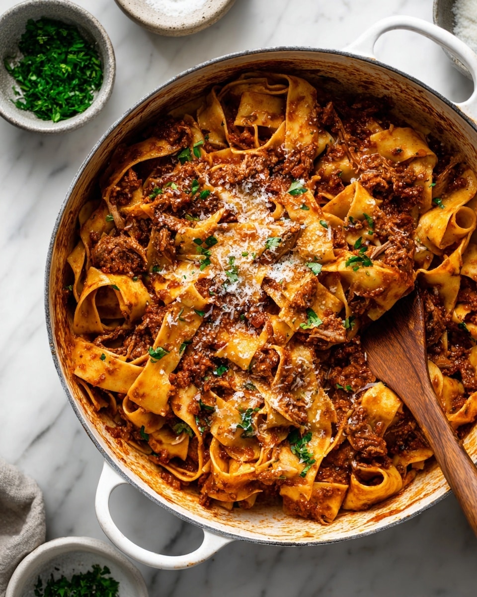 The image shows three long pieces of raw, red beef with white marbling placed on a white plate, positioned on the left side. Above it, on another white plate, there are several nests of pale yellow pasta stacked in layers. To the top right, there is a clear glass measuring cup filled with light yellow broth. Below and around these main layers, there are several small bowls and jars: one bowl with bright red tomato paste, another bowl with deeply red crushed tomatoes, a small jar with dark soy sauce, a small clear measuring cup holding white cream, and a blue bowl filled with finely grated white cheese. Fresh vegetables including two orange carrots, several green celery stalks, an unpeeled brown onion, and two small white garlic cloves are placed to the bottom right. The background is a white marbled surface, photo taken with an iphone --ar 4:5 --v 7