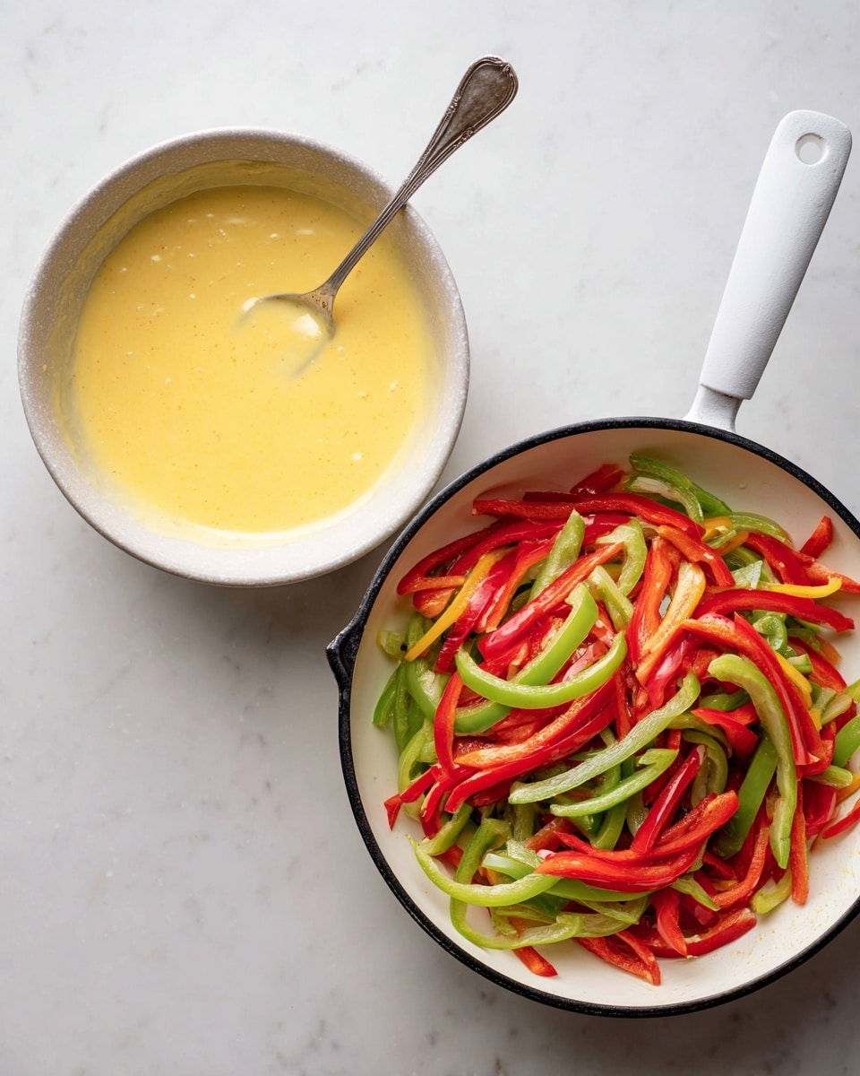 The image shows two white bowls on a white marbled surface. The left bowl contains a smooth light yellow creamy mixture with a spoon inside it, the spoon's handle resting on the bowl's edge and the tip inside the mixture. The right bowl is a white frying pan with a black rim, filled with thinly sliced red and green bell peppers spread evenly, showing their glossy texture. Photo taken with an iphone --ar 4:5 --v 7