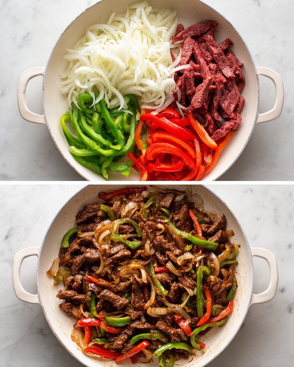 The top image shows a white skillet on a white marbled surface, filled neatly with thin slices of raw red meat on the right side, shredded white onions placed above the meat, and sliced green and red bell peppers arranged on the left side. The bottom image shows the same white skillet on the same white marbled surface, now containing cooked strips of meat blended with the cooked green and red bell peppers and softened onions, all simmered together in a rich brown sauce that fills the pan evenly. photo taken with an iphone --ar 4:5 --v 7