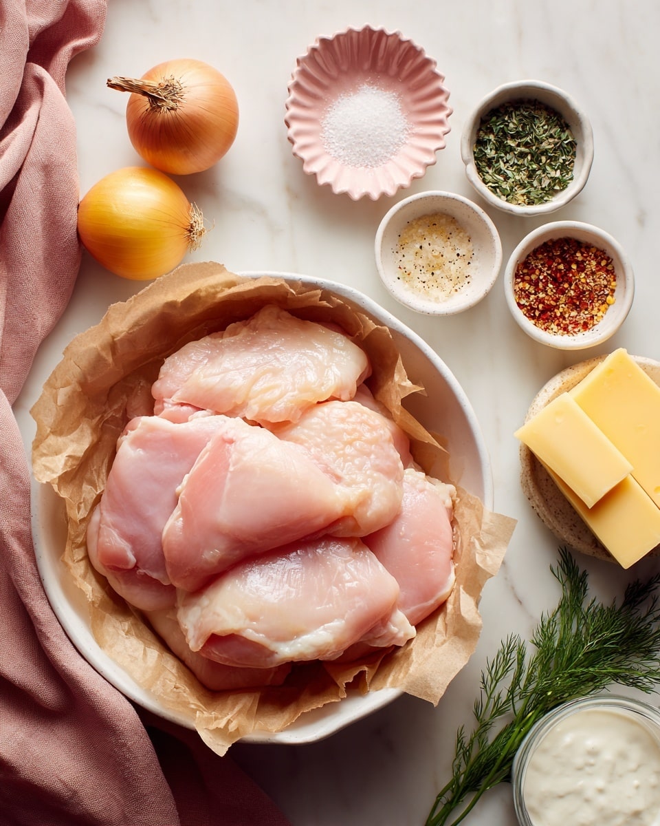 A white bowl lined with crinkled light brown parchment paper holds a stack of raw chicken thighs with a pale pink color and smooth texture, layered unevenly. To the top left, there is a light orange shallot, and above the chicken, a small pink scalloped dish filled with dried green herbs. To the right, a white bowl is divided into three sections showing black pepper, bright red paprika, and white salt. At the bottom left, a whole yellow lemon sits beside a white bowl containing two pale yellow blocks of grated cheese. To the bottom right, a clear cup is filled with white yogurt, marked 1 cup on the handle, and a bunch of fresh green dill sprigs are placed next to it, all sitting on a white marbled surface with a folded dusty rose cloth near the top left. Photo taken with an iphone --ar 4:5 --v 7
