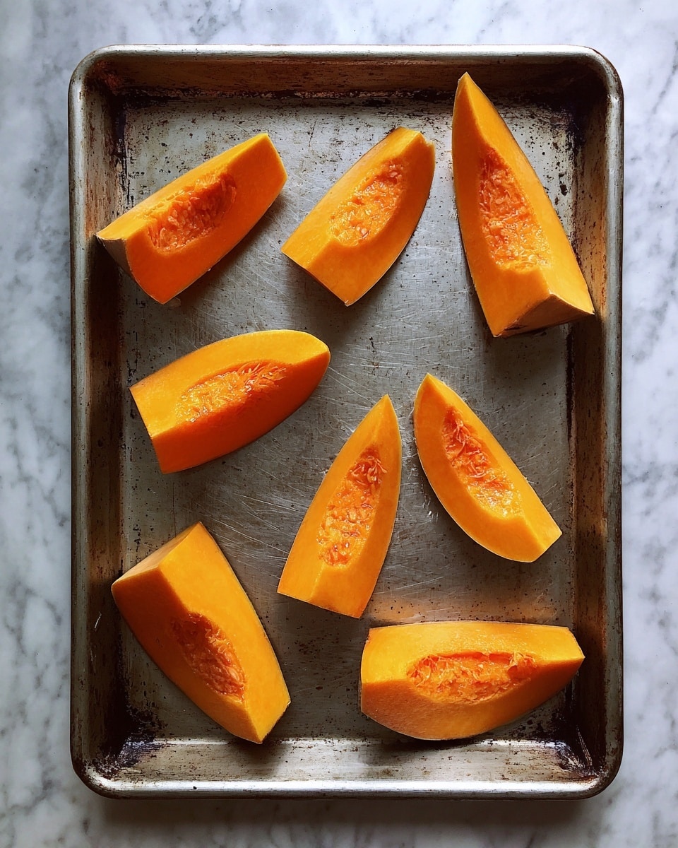 A metal baking tray holds several pieces of cut orange squash placed evenly apart, showing smooth and shiny surfaces with a vibrant orange color. The tray has a well-used, slightly darkened texture with visible marks and stains. The background is a white marbled texture. photo taken with an iphone --ar 4:5 --v 7