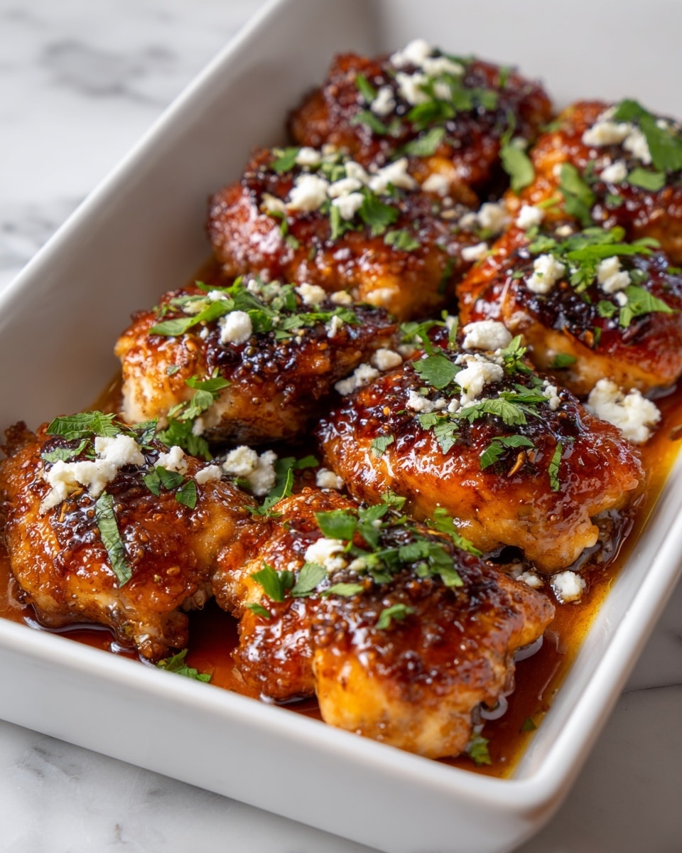 A clear rectangular glass dish holds three cooked chicken pieces arranged side by side, each topped with crumbled white cheese and small bright green parsley leaves. On the right side of the dish, there is a small bunch of fresh parsley adding a vibrant green color. The chicken pieces have a slightly browned surface with visible black pepper specks and light seasoning. The dish sits on a white marbled surface with soft natural lighting enhancing the textures. photo taken with an iphone --ar 4:5 --v 7