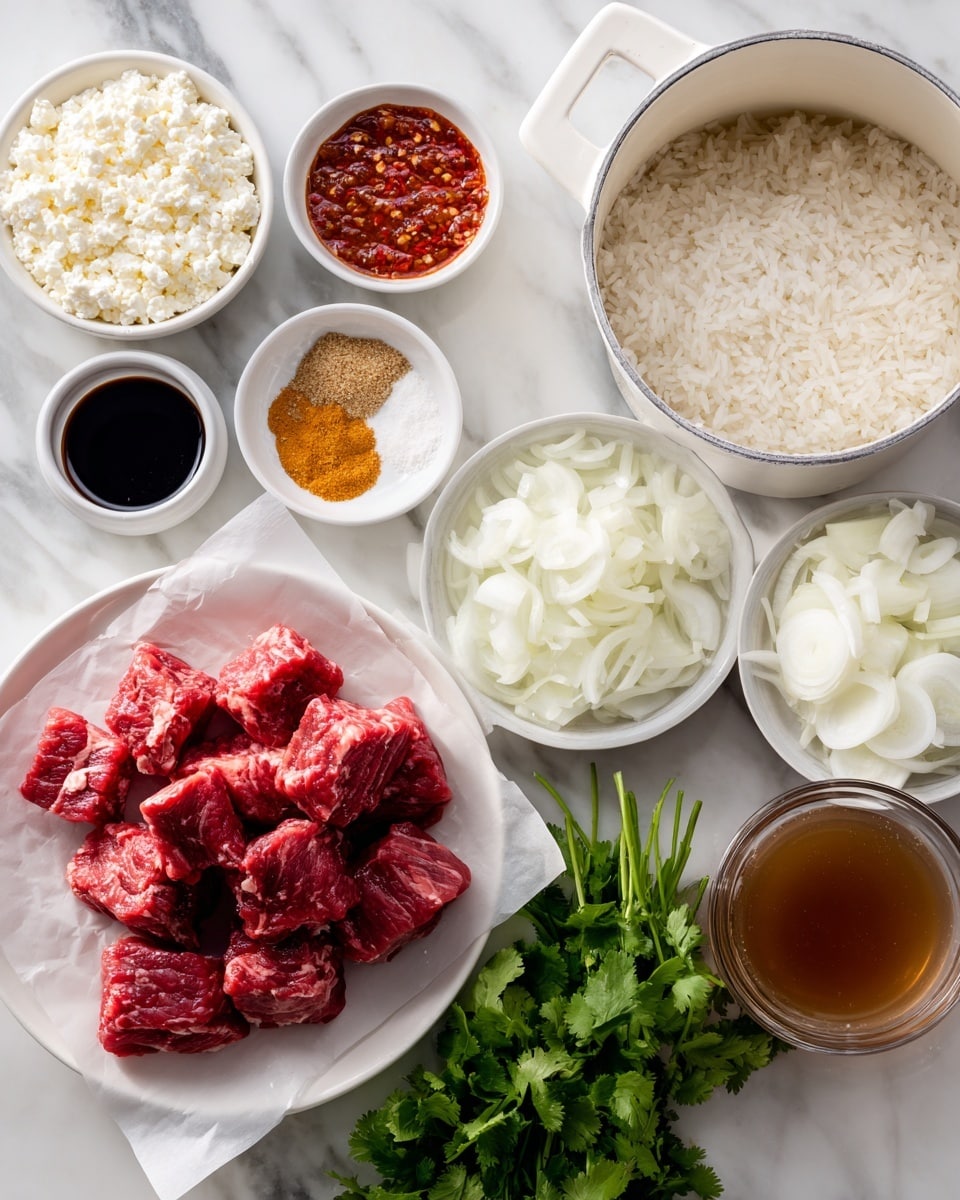 A white square plate holds three main parts: on the left is a small pile of red-orange kimchi with visible chili flakes; in the middle front are dark brown, saucy beef chunks covered with sesame seeds and fresh green cilantro leaves on top; on the right back is a mound of fluffy white rice sprinkled with small green herbs. The rich sauce around the beef glistens, pooling slightly on the plate. The plate sits on a white marbled surface. Photo taken with an iphone --ar 4:5 --v 7