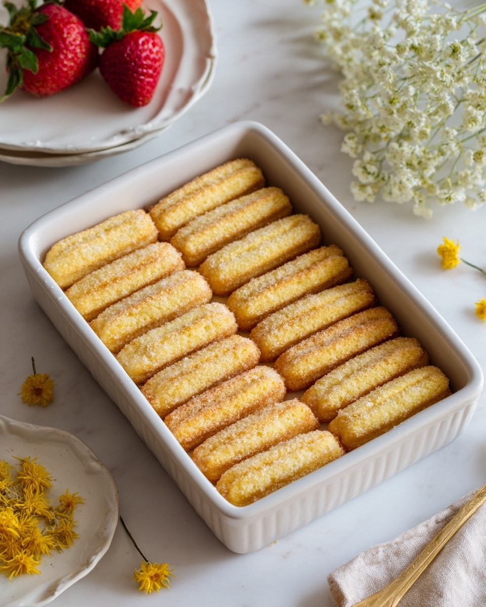 The image shows a white rectangular dish filled with two layers of golden brown ladyfinger cookies, arranged neatly in parallel lines filling the dish. The cookies have a fine sugar coating giving them a slightly sparkling texture. In the background on a white marbled surface, there is a white plate with a single large strawberry and small white flowers beside it, and another white plate with dried yellow flowers scattered on it. The scene is bright and clean with soft natural light. Photo taken with an iphone --ar 4:5 --v 7