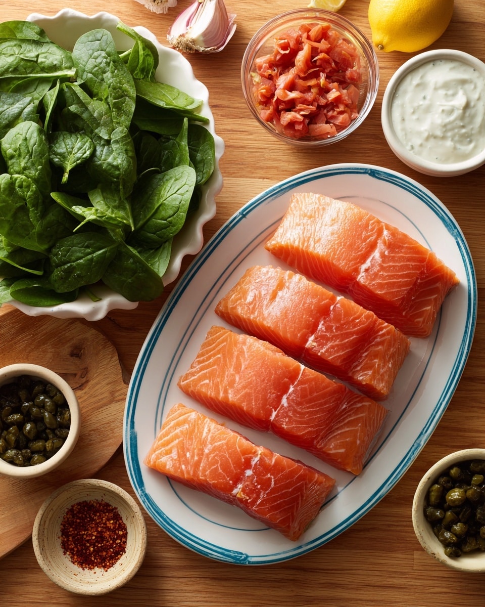 The image shows five pieces of raw salmon fillets arranged from largest to smallest on a white plate with blue stripes, placed on a wooden table. To the left, there is a large white bowl filled with fresh green spinach leaves. Above the spinach, there is a small white bowl with white creamy sauce and another small white bowl filled with chopped red roasted peppers. At the top left corner, a shallot and a garlic bulb with some loose cloves are visible on the table. Near the salmon, there is a small black bowl with red spice, a clear glass bowl with dark green capers, and a small beige bowl holding a single lemon. The surface is wooden with a warm tone, but replace this with a white marbled texture. Photo taken with an iphone --ar 4:5 --v 7