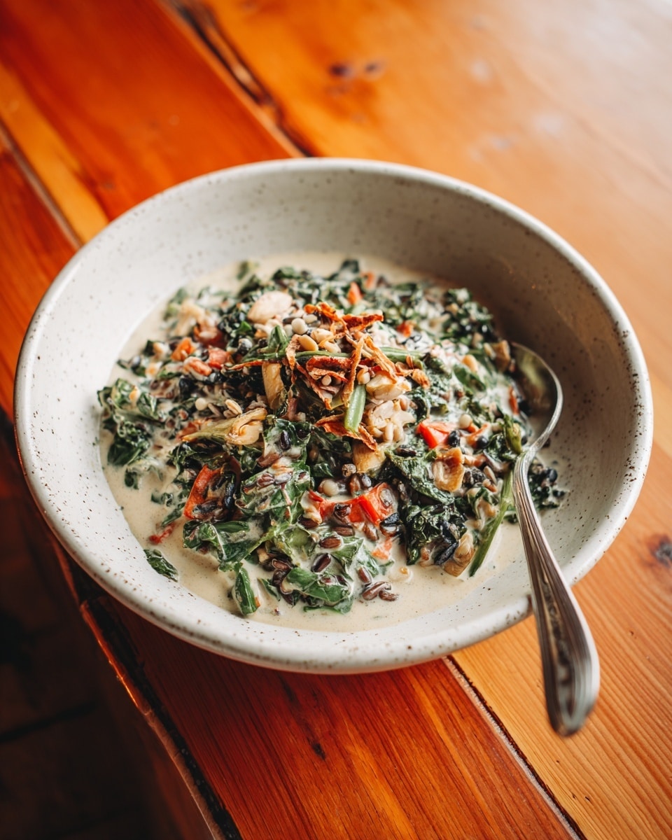 A white speckled shallow bowl holds a mixed creamy dish with three main layers: dark green leafy bits, bright red pieces, and small light beige grains, all combined evenly with a white creamy sauce. A silver spoon rests inside the bowl on the right side, slightly under the food. The bowl is set on a wooden surface with warm brown and orange tones. Photo taken with an iphone --ar 4:5 --v 7