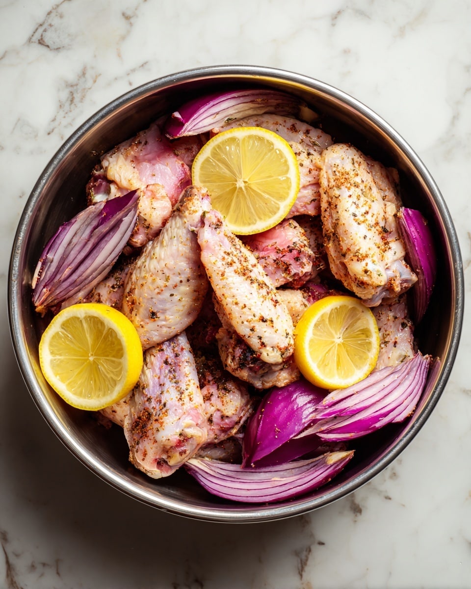 A round metal bowl filled with several pieces of raw seasoned chicken wings, each wing light pink with dark brown specks of spices. Mixed between the wings are thick slices and wedges of purple-red onion, and three bright yellow lemon slices placed on top for color contrast. The bowl sits on a white marbled surface, showing a natural, rustic look. Photo taken with an iphone --ar 4:5 --v 7