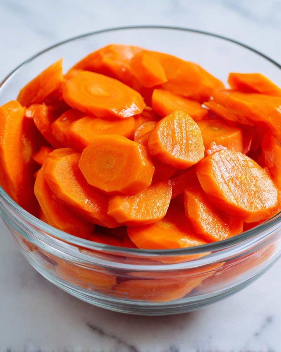 A clear glass bowl filled with two layers of bright orange carrot slices that are cut at an angle, showing smooth and slightly shiny textures. The bowl is placed on a white marbled surface that contrasts with the vibrant color of the carrots. The carrot slices are evenly spread to fill the bowl, showing some variation in size and shape, with visible light reflections on the wet-looking surface of the carrots photo taken with an iphone --ar 4:5 --v 7