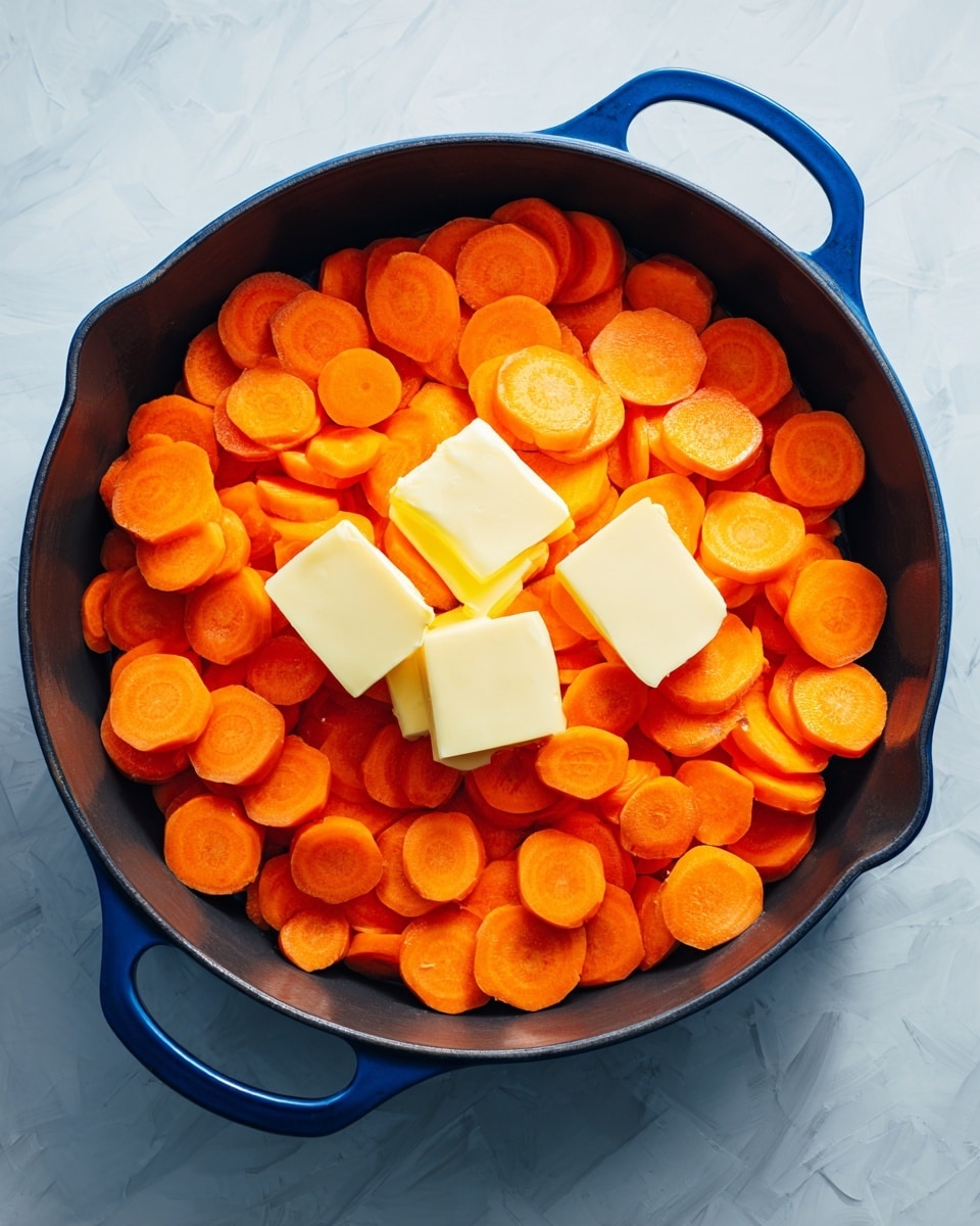 The image shows a blue cast iron pan filled with a single layer of bright orange carrot slices. On top of the carrot slices, near the center, are three square pieces of pale yellow butter. The surface under the pan is a white marbled texture. The photo taken with an iphone --ar 4:5 --v 7