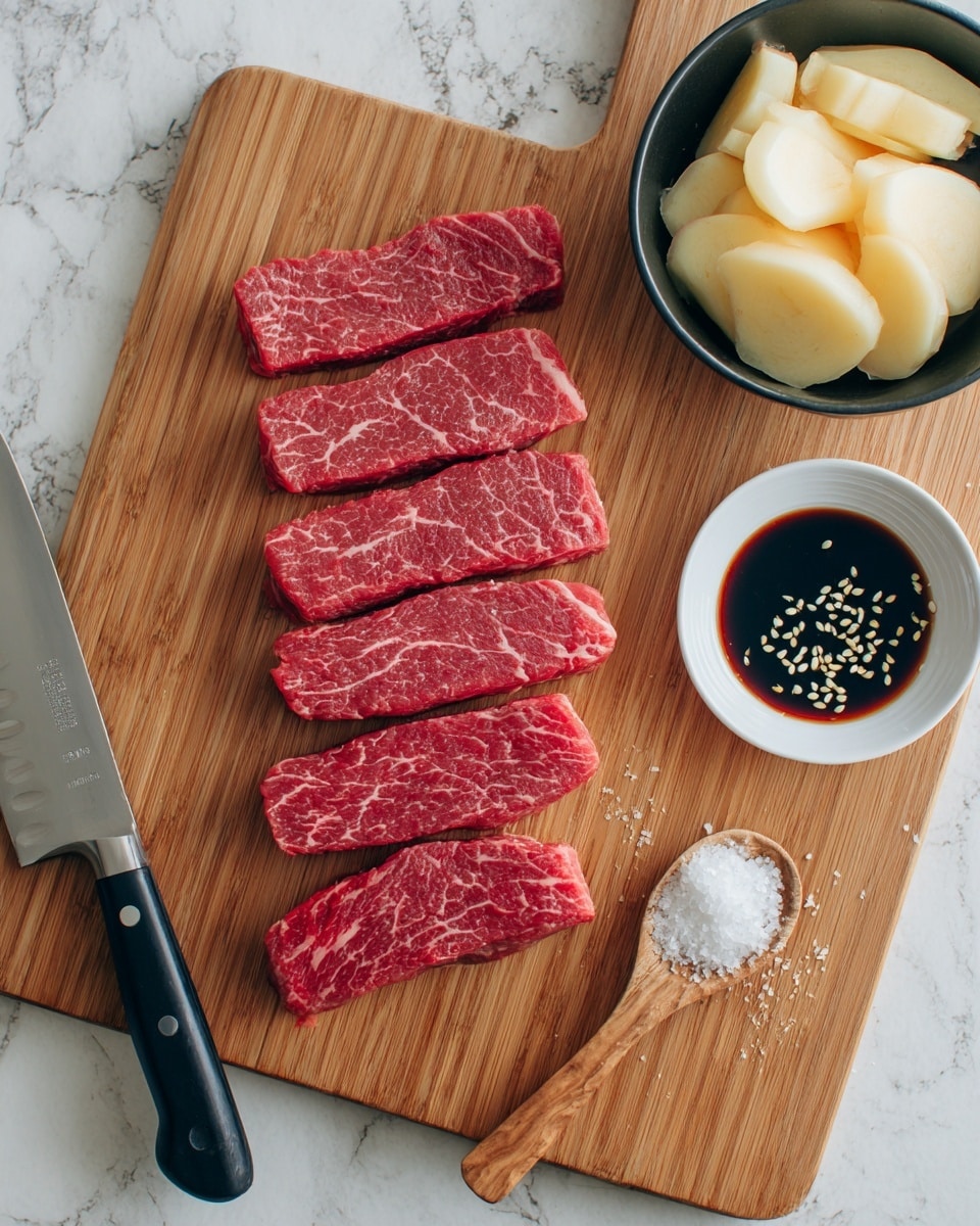 The image shows five raw red steak slices with white marbling placed evenly in a vertical line on a wooden cutting board. On the top left corner of the board, there is a black bowl filled with light yellowish sliced fruit. To the right side of the board, there is a white small round dish with soy sauce and white sesame seeds floating on top, and a wooden spoon holding finely chopped white garlic next to a small pile of salt. A large knife with a black handle rests diagonally on the bottom left corner of the wooden cutting board. The surface beneath the cutting board is a white marbled texture. Photo taken with an iphone --ar 4:5 --v 7